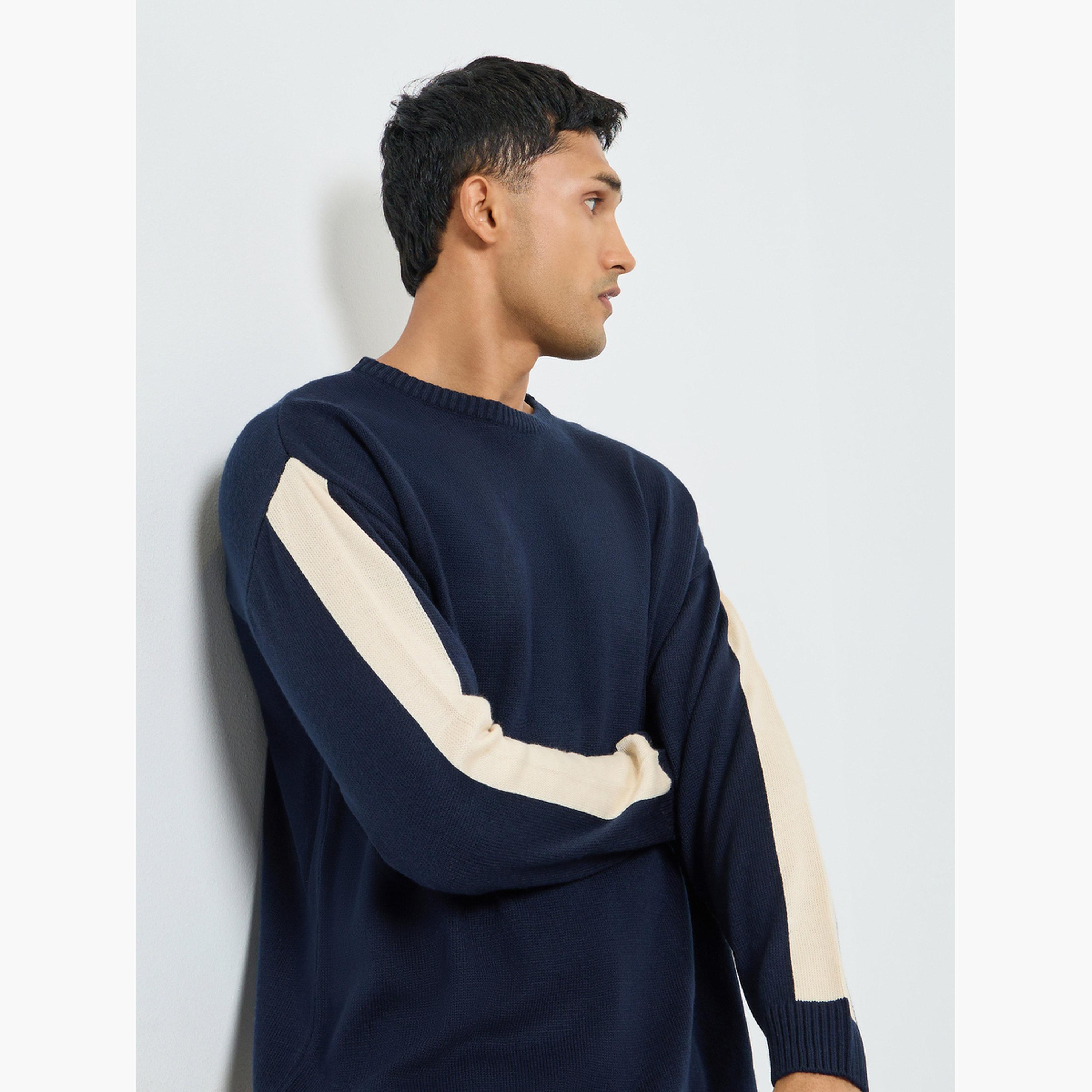 Styli Men Navy Blue Color Block Sleeve Oversized Sweater-men-clothing-sweatersandpullovers-image-3