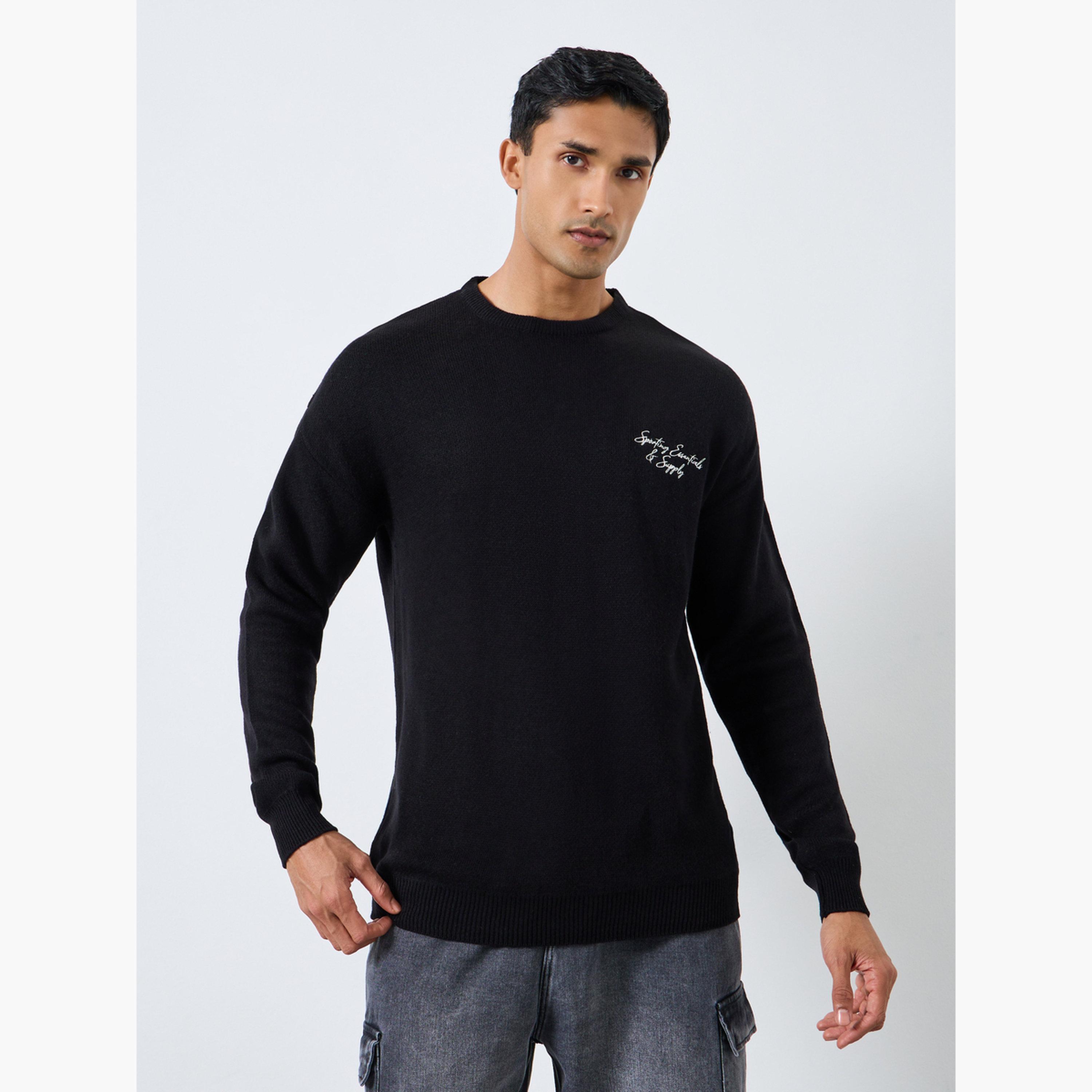 Styli Men Black Knit Embroidered Sweater-men-clothing-sweatersandpullovers-image-1