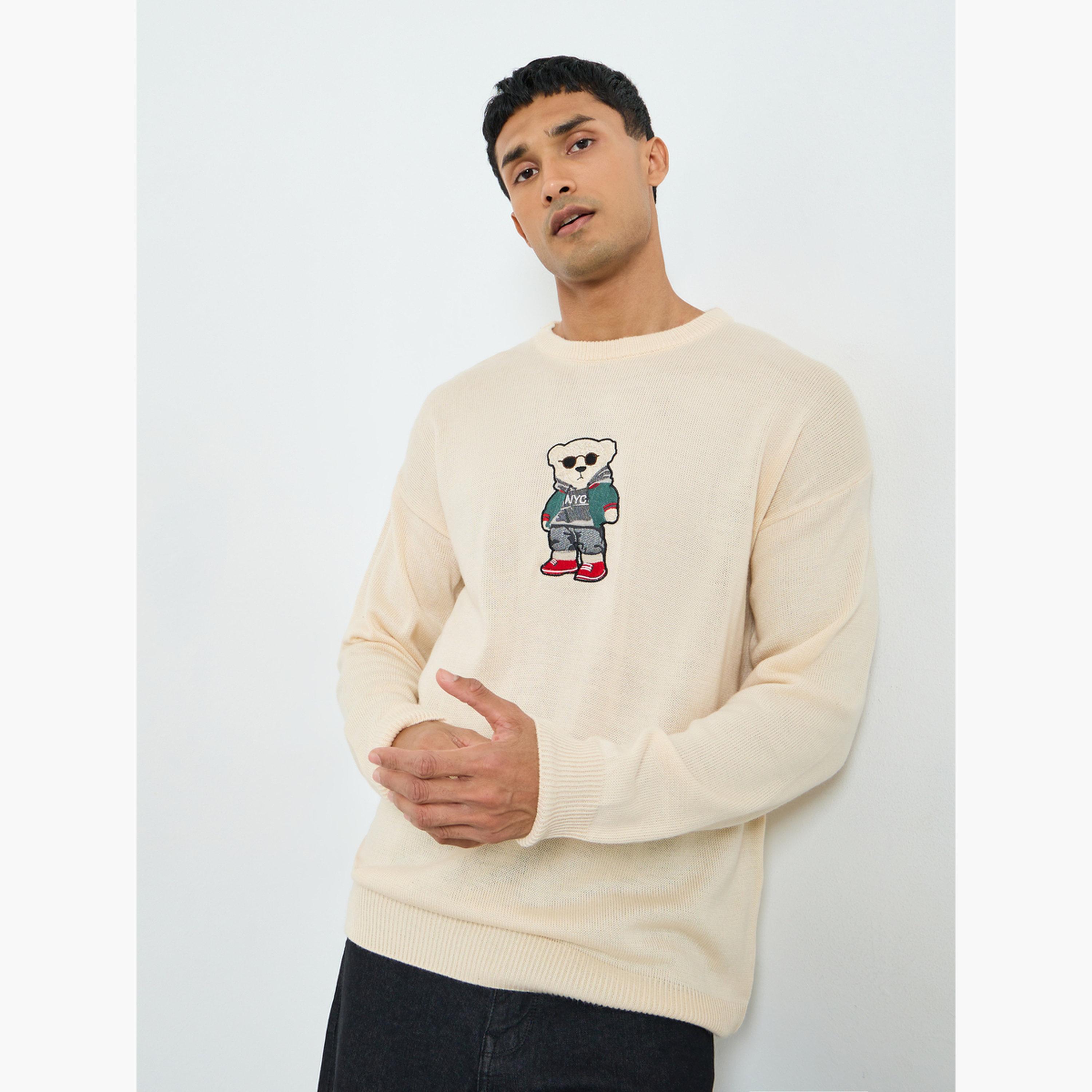 سويتر مطرز تيدي بقصة مريحة-men-clothing-sweatersandpullovers-image-1