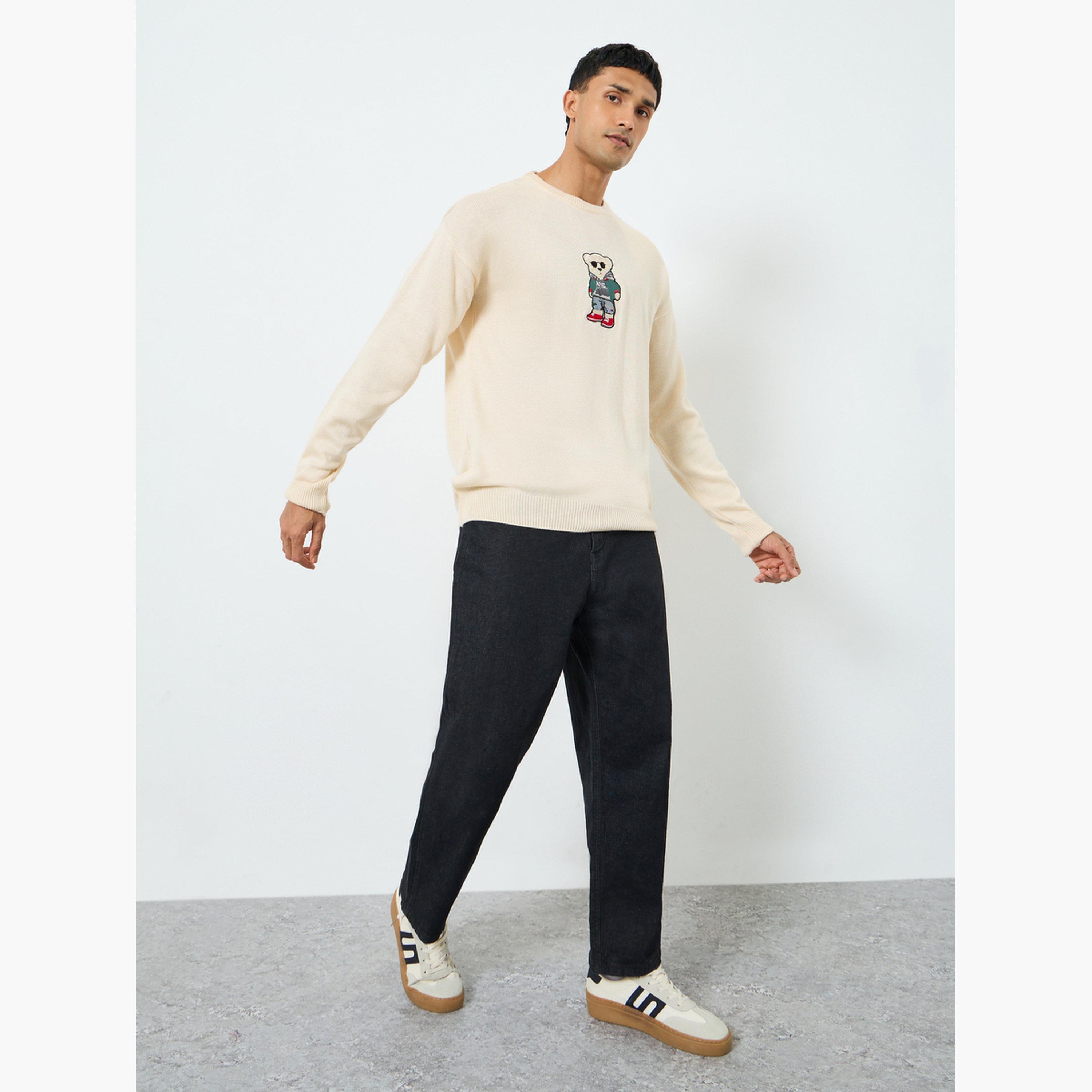 Styli Men Cream Embroidered Teddy Relaxed Sweater-men-clothing-sweatersandpullovers-image-2