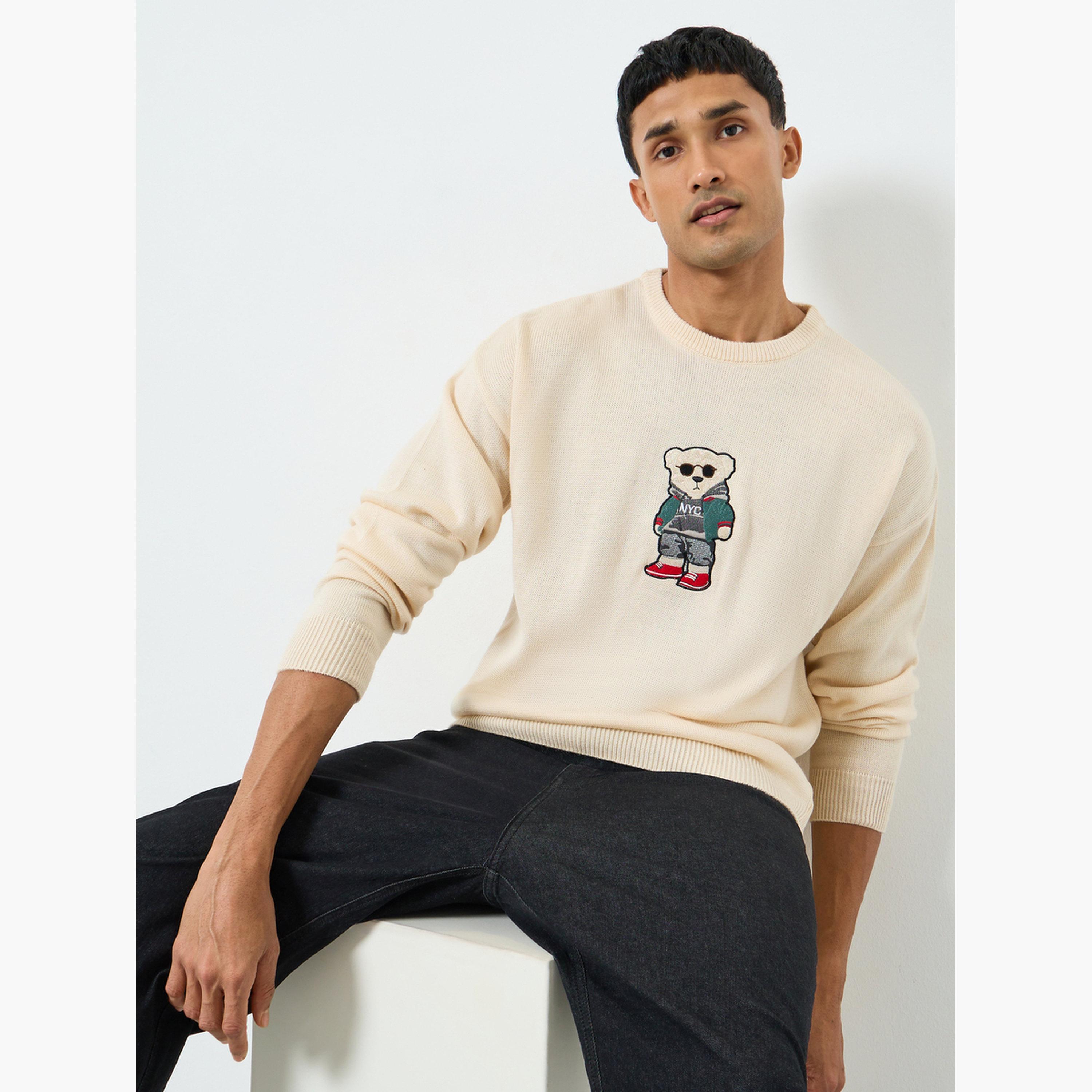 Styli Men Cream Embroidered Teddy Relaxed Sweater-men-clothing-sweatersandpullovers-image-3