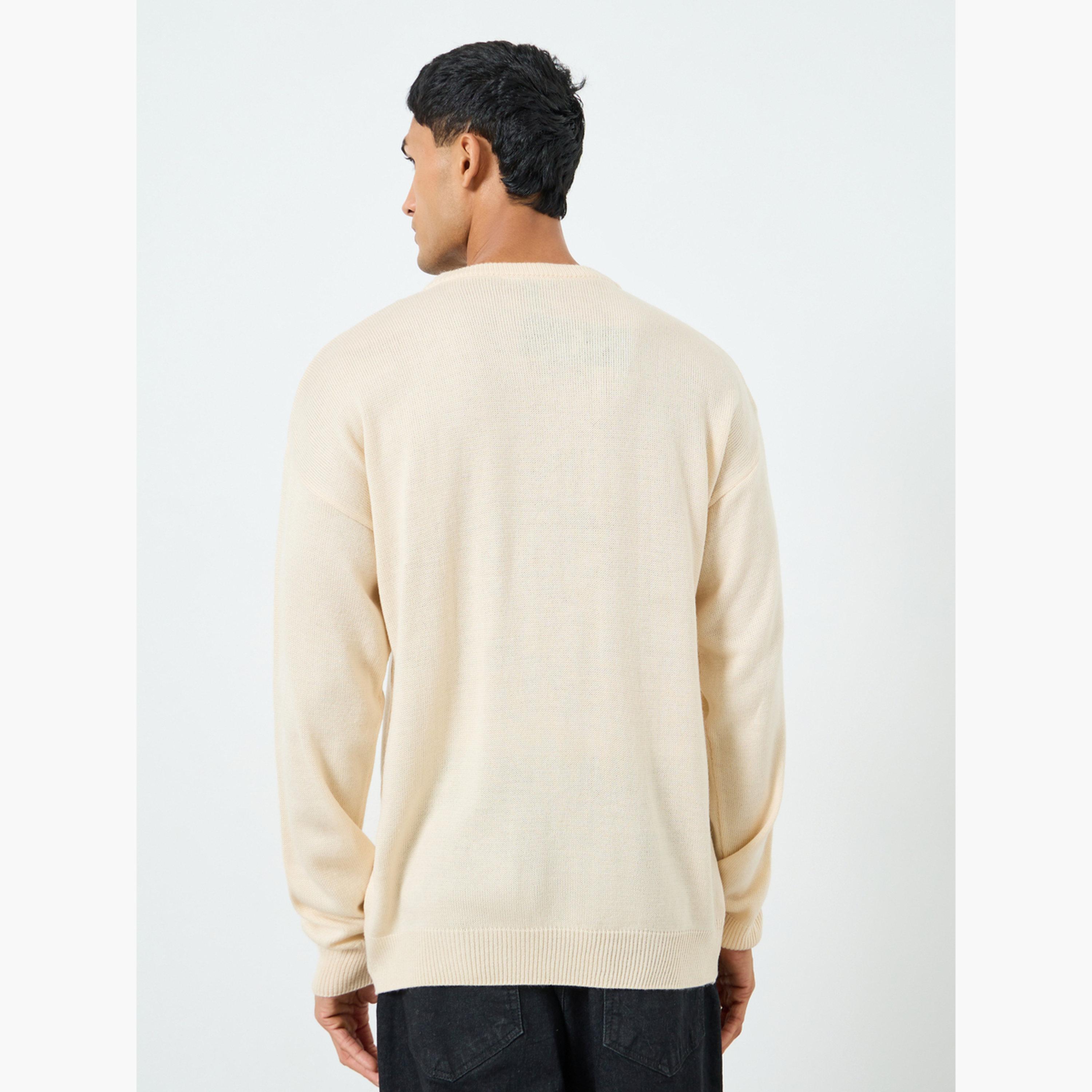 Styli Men Cream Embroidered Teddy Relaxed Sweater-men-clothing-sweatersandpullovers-image-4