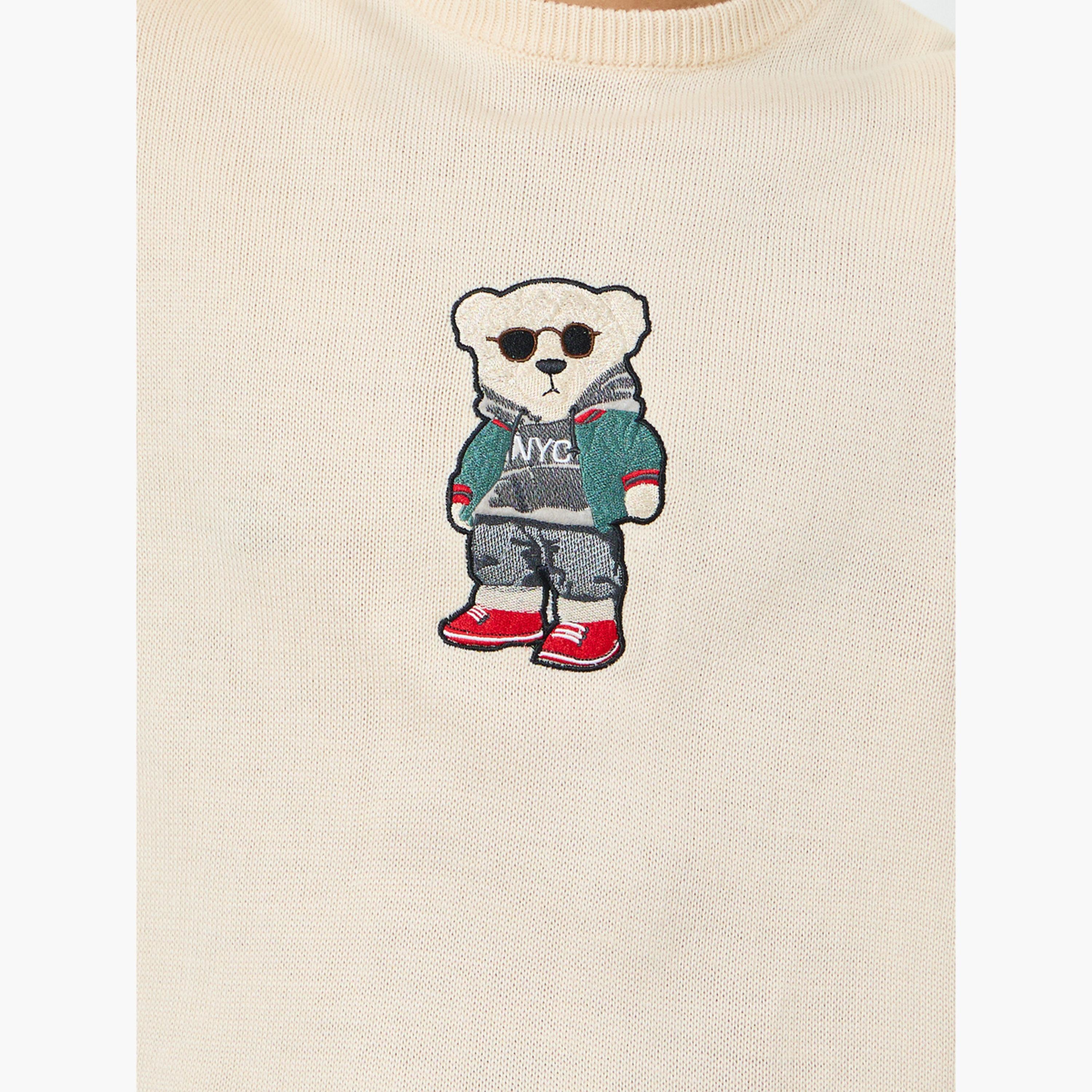 Styli Men Cream Embroidered Teddy Relaxed Sweater-men-clothing-sweatersandpullovers-image-5