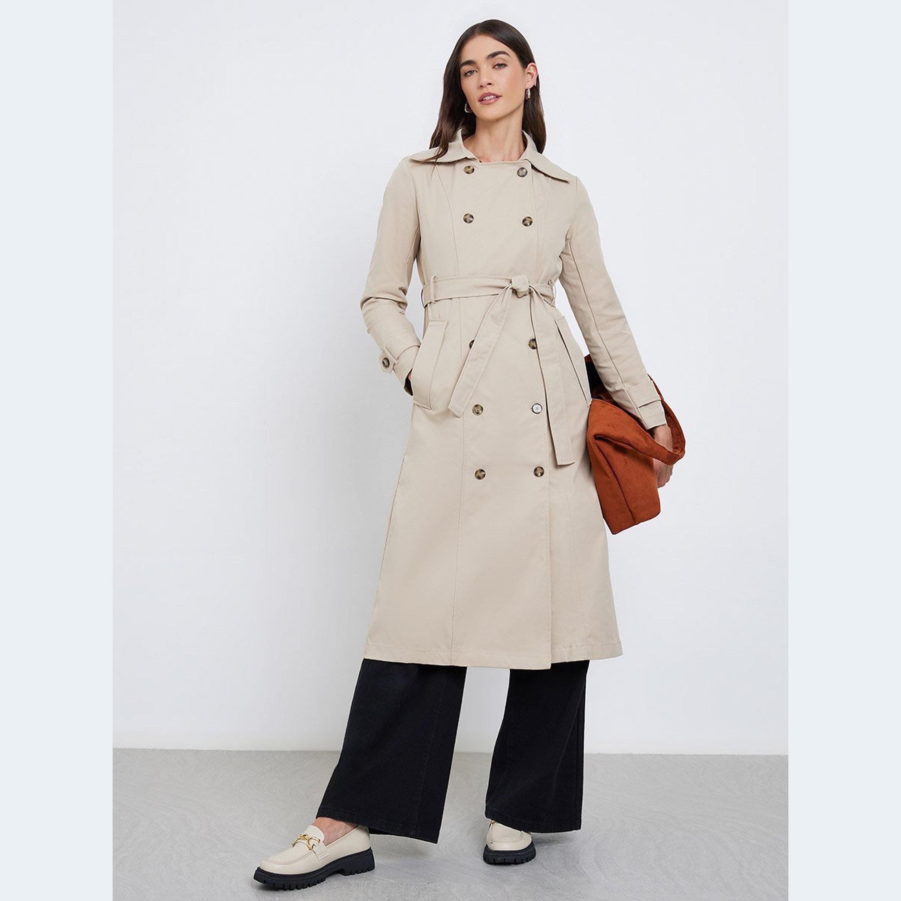 ستايلي - معطف ترنش للنساء متوسط ​​الطول لون بيج-women-winterwear-coatsandjackets-coats-image-1