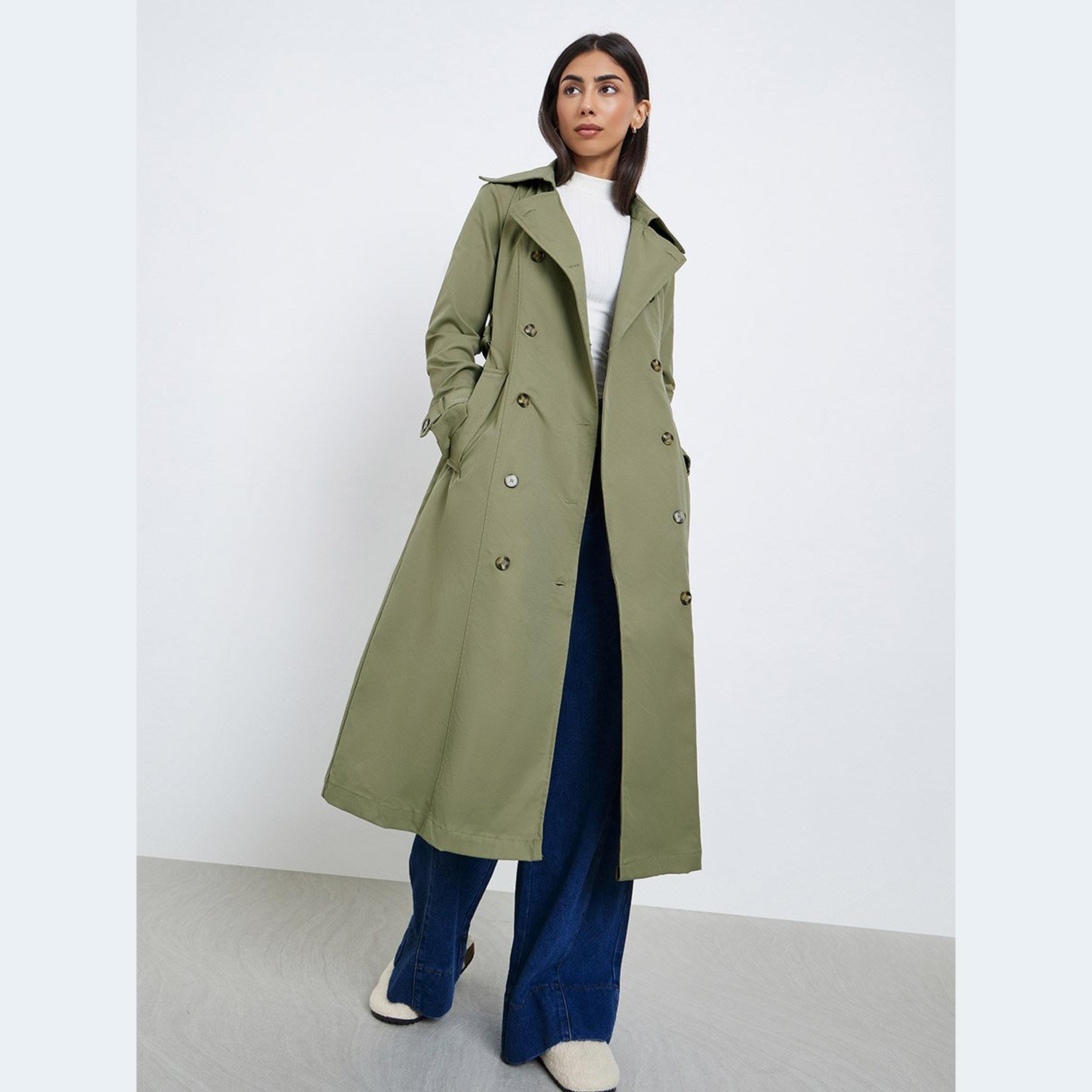 ستايلي - معطف ترنش متوسط ​​الطول ذو صدر مزدوج لون كاكي-women-clothing-coatsandjackets-coats-image-1