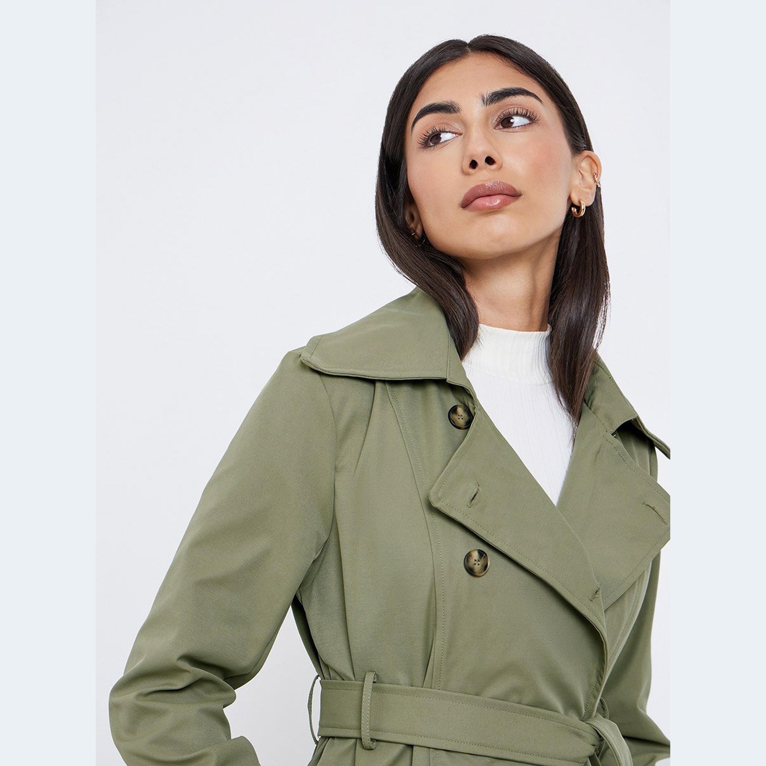 ستايلي - معطف ترنش متوسط ​​الطول ذو صدر مزدوج لون كاكي-women-clothing-coatsandjackets-coats-image-4