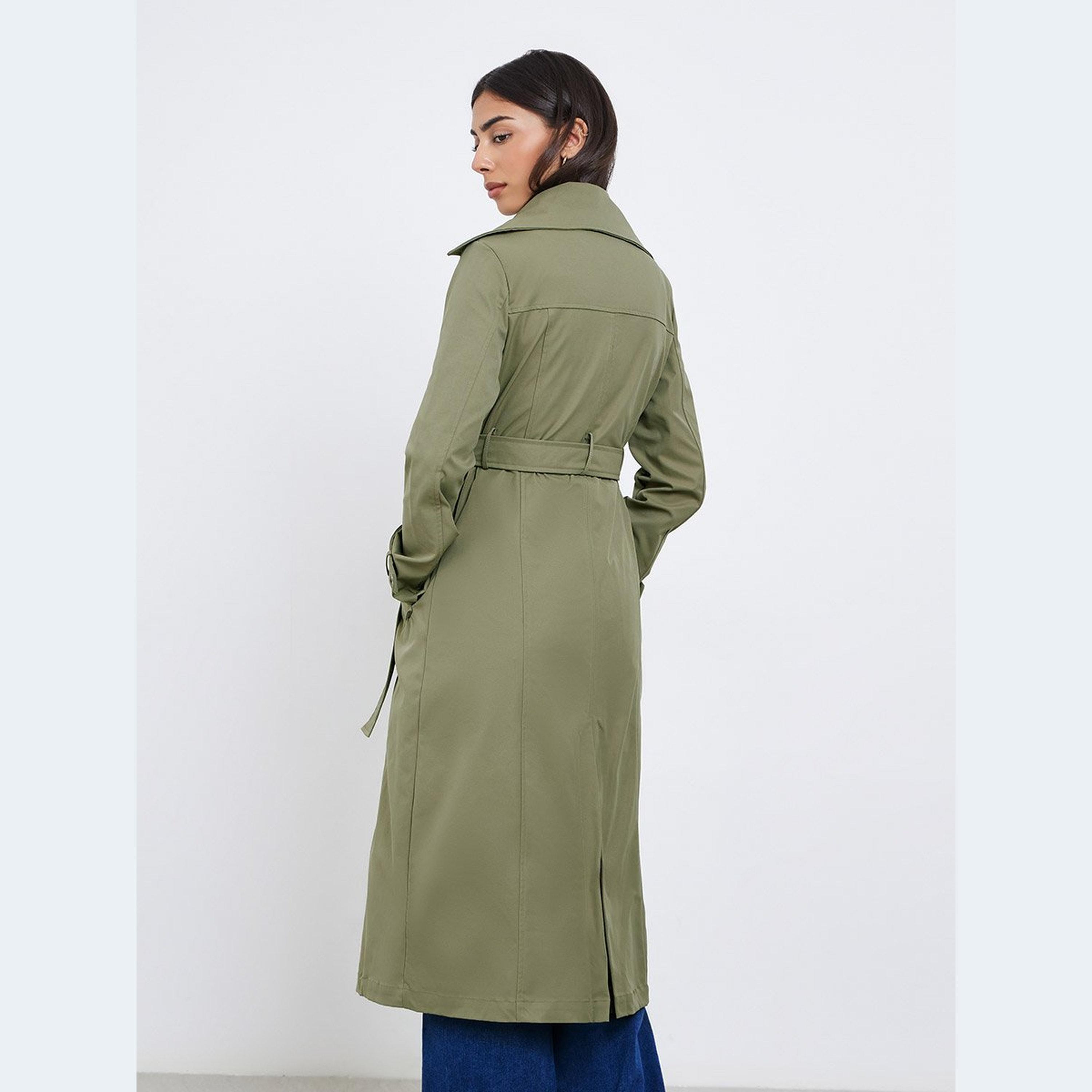 ستايلي - معطف ترنش متوسط ​​الطول ذو صدر مزدوج لون كاكي-women-clothing-coatsandjackets-coats-image-5