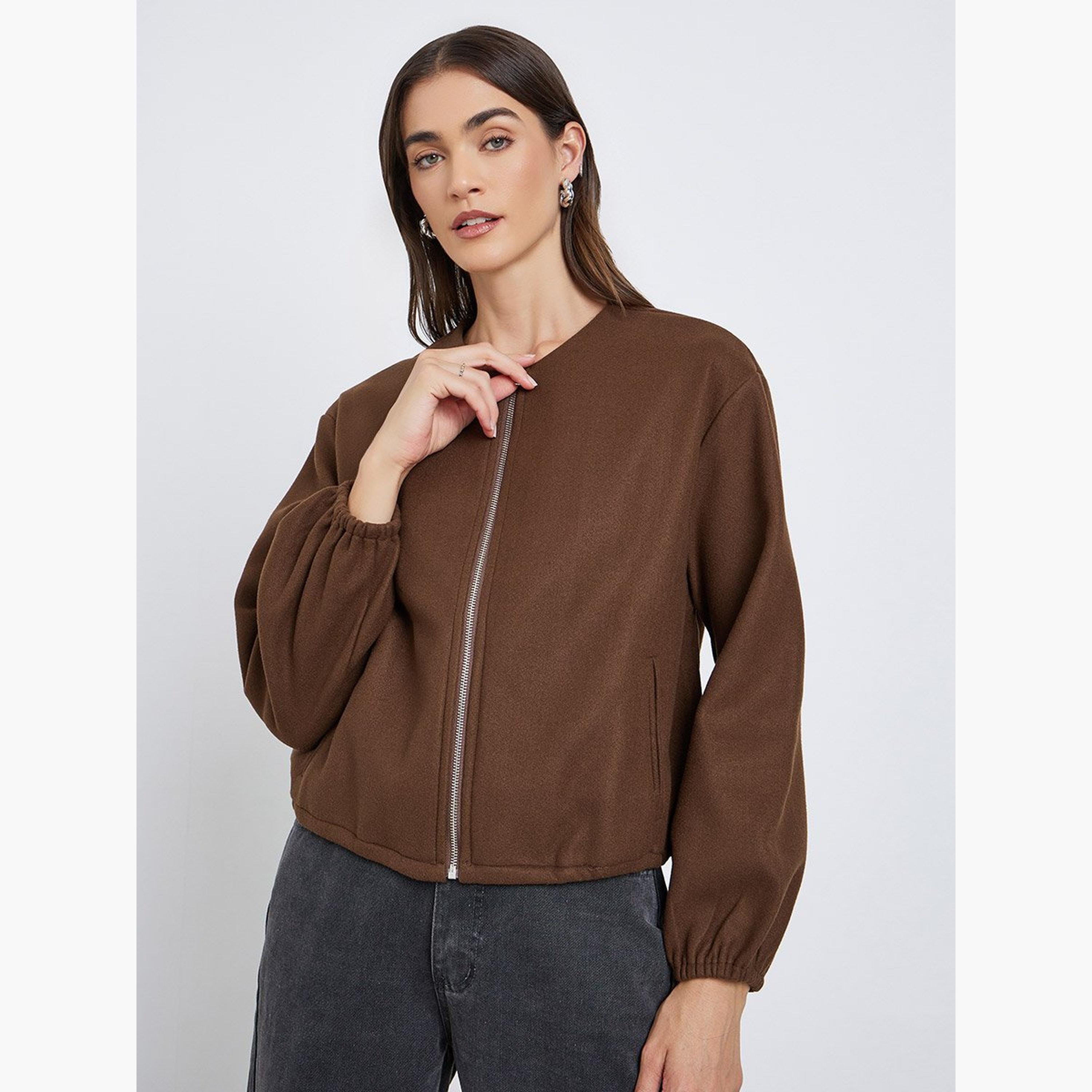 Styli Women Brown Boxy Fit Bomber Jacket-women-winterwear-coatsandjackets-jackets-image-1