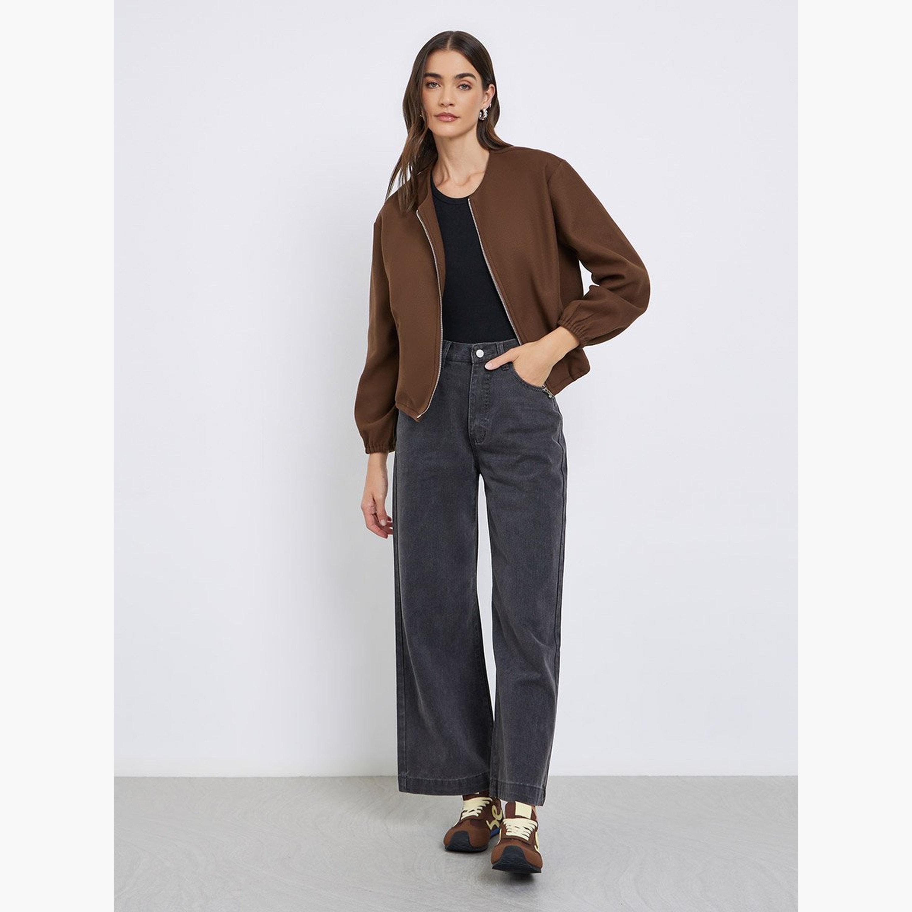 Styli Women Brown Boxy Fit Bomber Jacket-women-winterwear-coatsandjackets-jackets-image-2