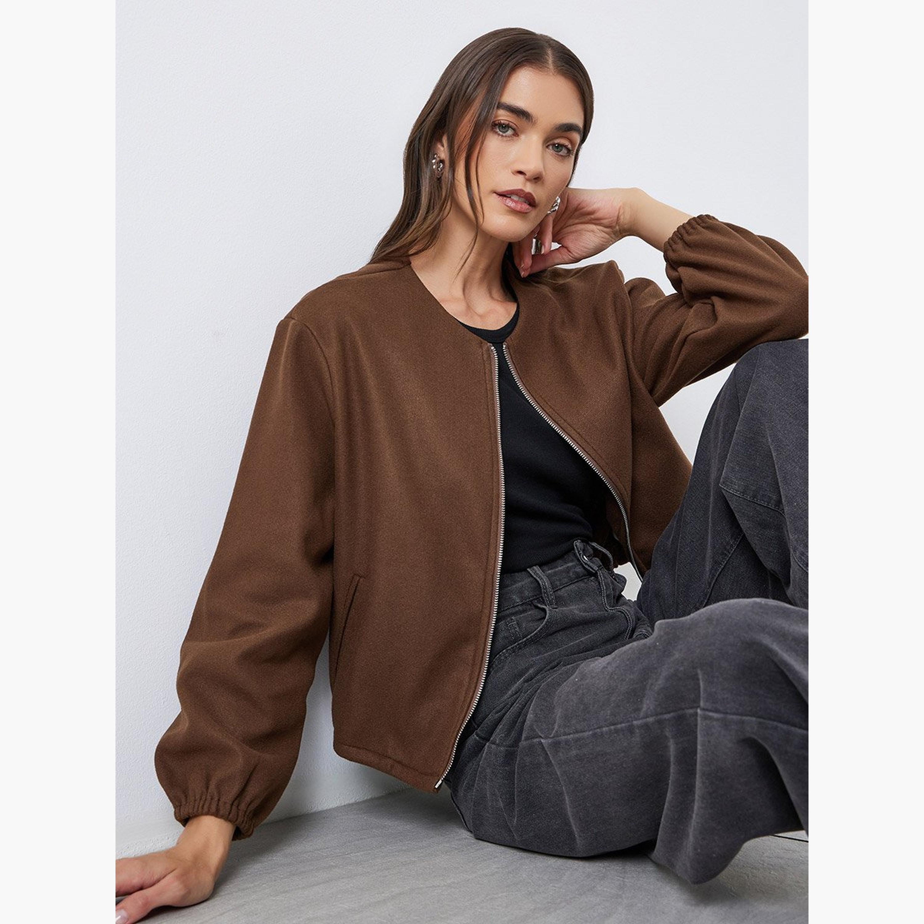Styli Women Brown Boxy Fit Bomber Jacket-women-winterwear-coatsandjackets-jackets-image-3