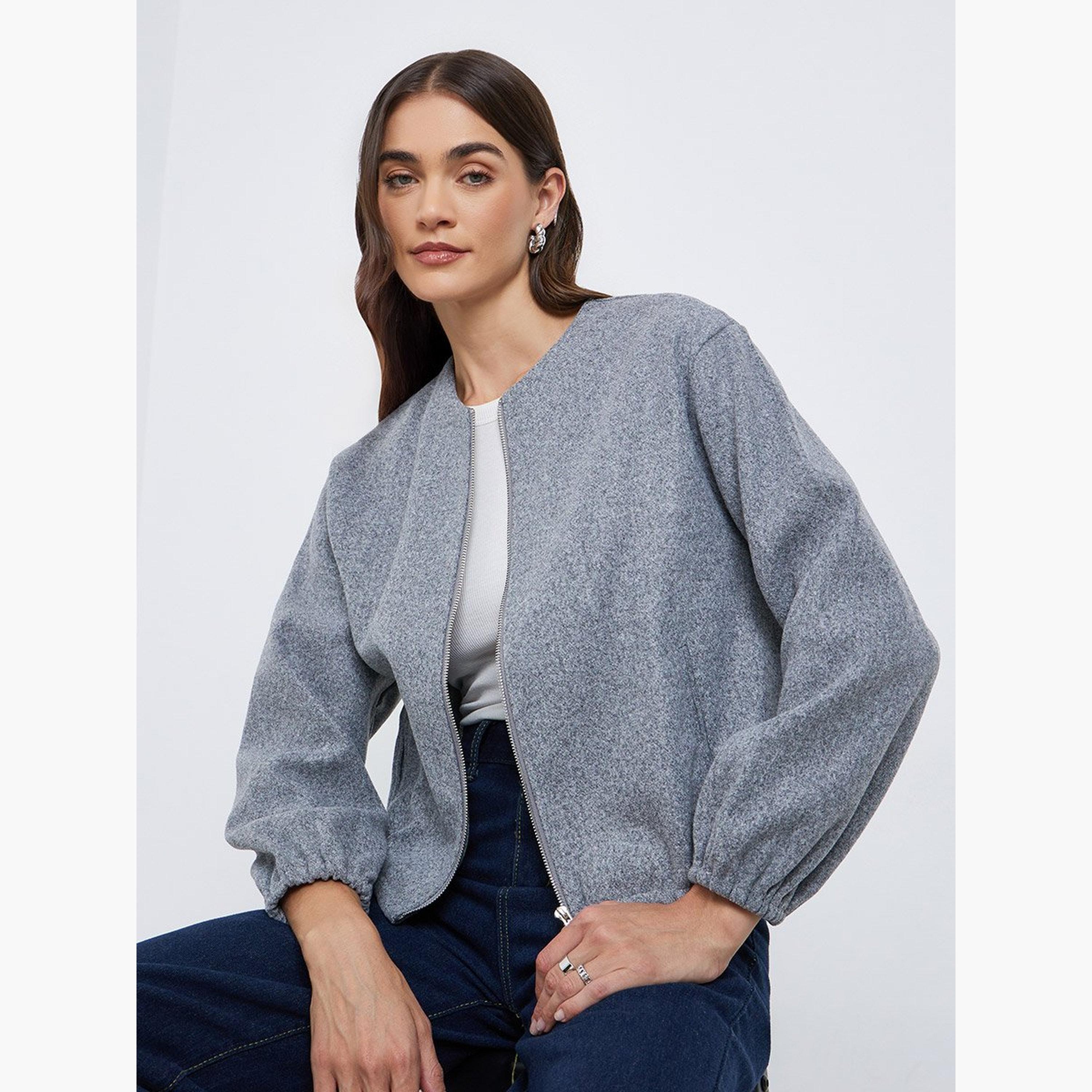 Styli Women Grey Boxy Fit Bomber Jacket-women-winterwear-coatsandjackets-jackets-image-1