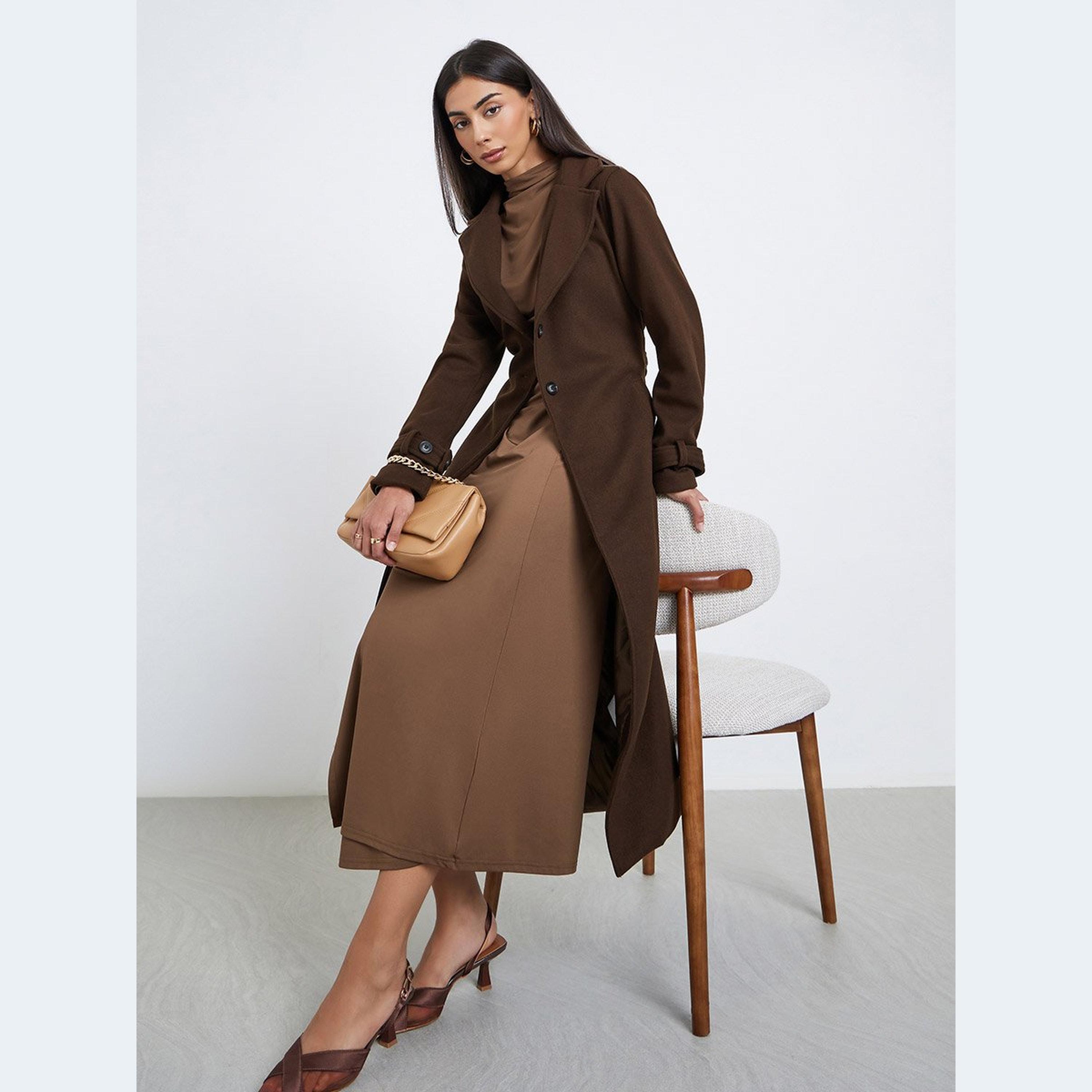 Styli Contrast Back Panel Wool Like Belted Coat-women-clothing-coatsandjackets-coats-image-1
