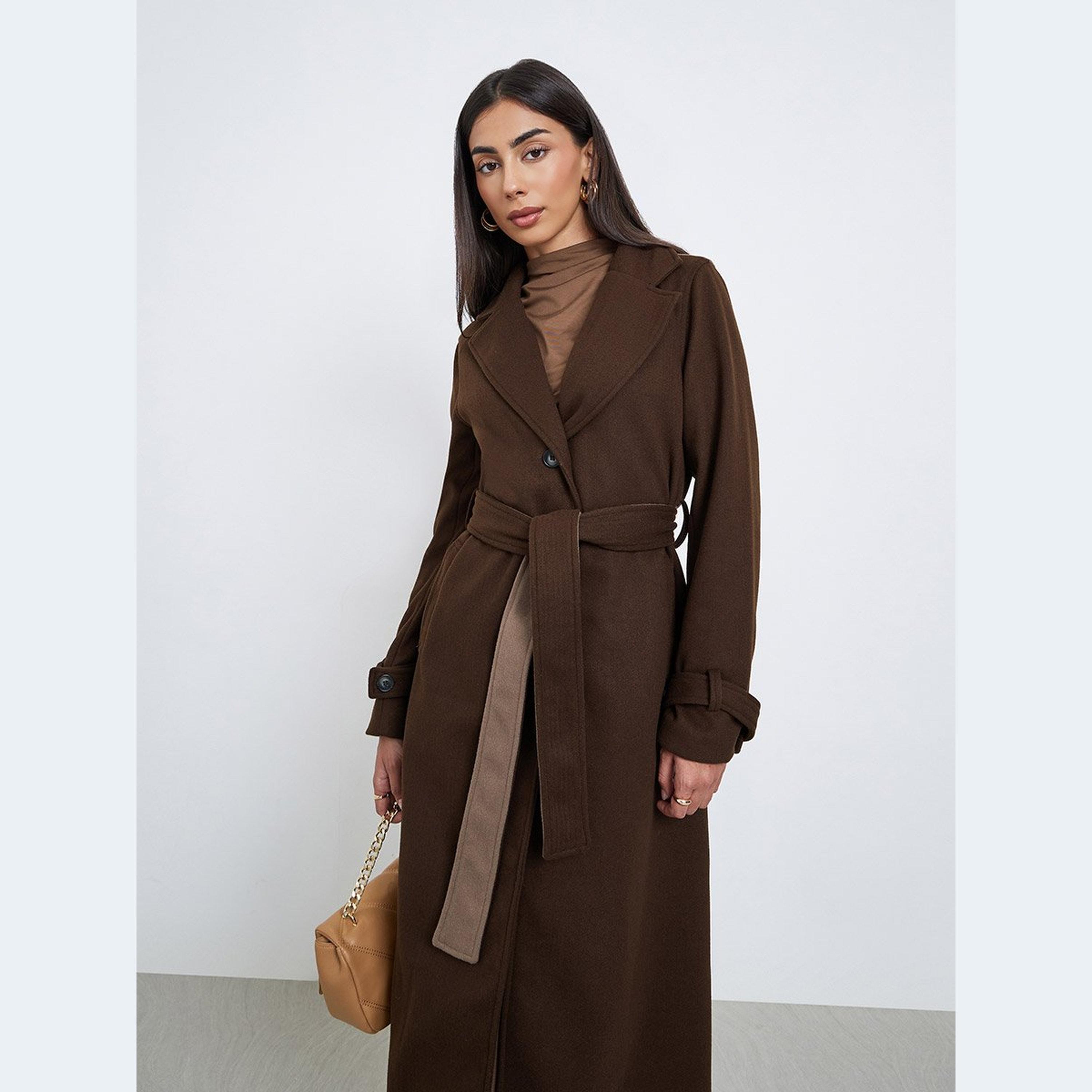 Styli Contrast Back Panel Wool Like Belted Coat-women-clothing-coatsandjackets-coats-image-2