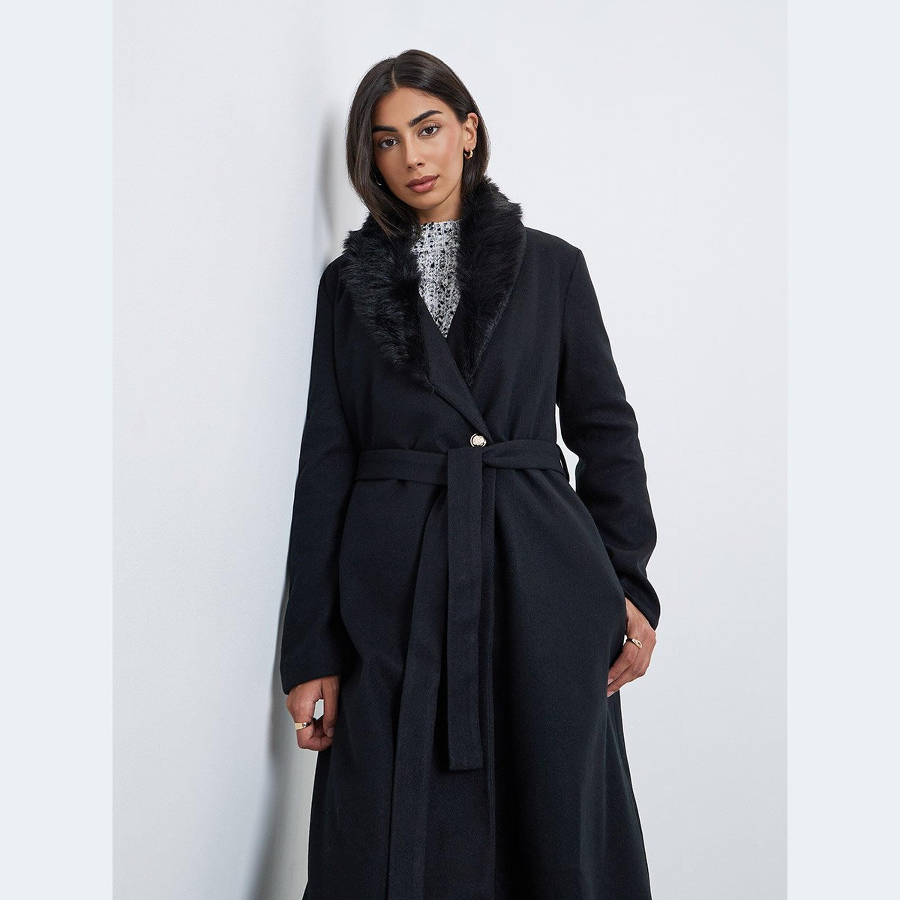 Styli Black Wool Like Belted Coat with Faux Fur-women-winterwear-coatsandjackets-coats-image-2