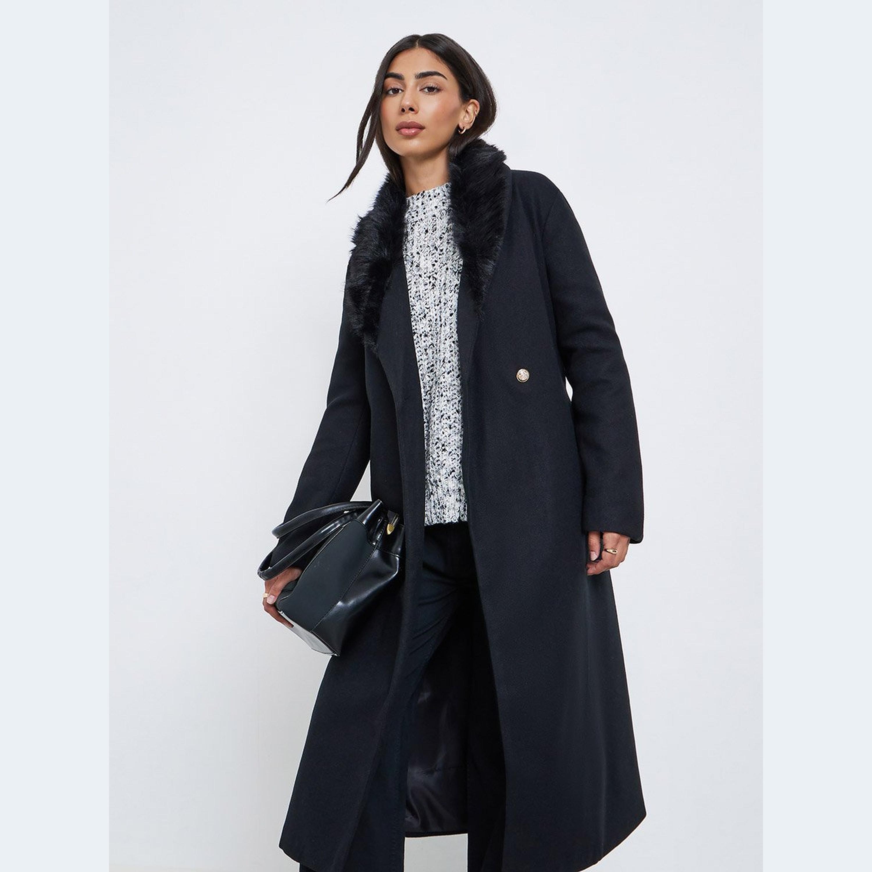 Styli Black Wool Like Belted Coat with Faux Fur-women-winterwear-coatsandjackets-coats-image-3