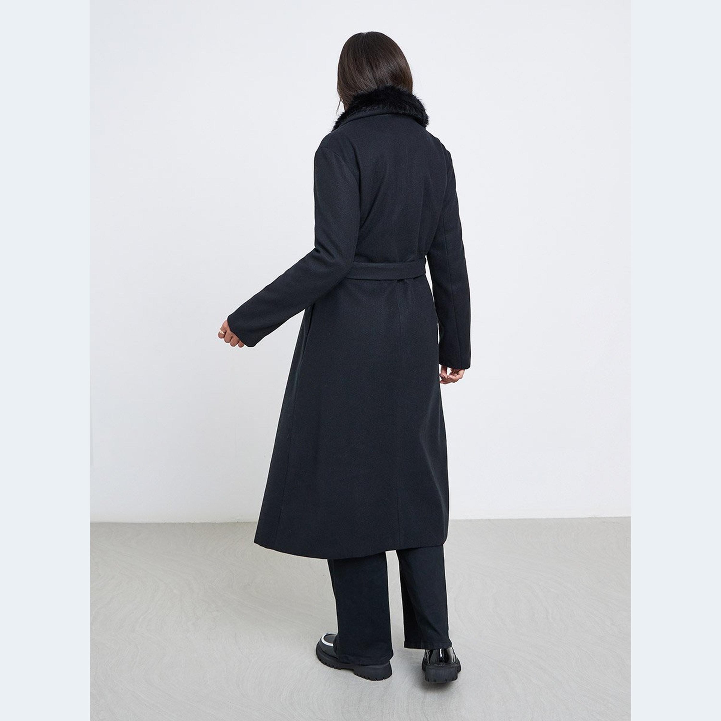 Styli Black Wool Like Belted Coat with Faux Fur-women-winterwear-coatsandjackets-coats-image-5