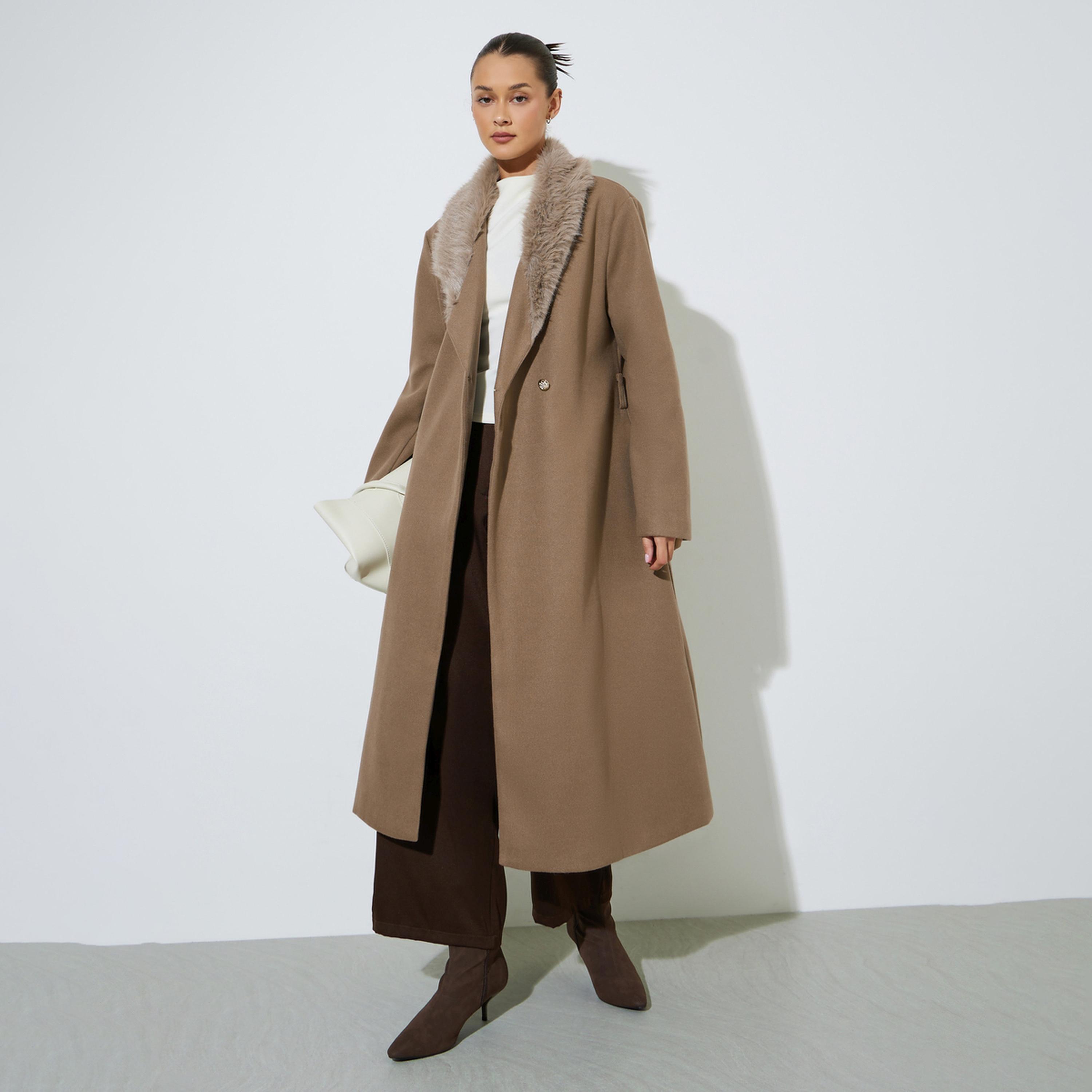Styli Brown Wool Like Belted Coat with Faux Fur-women-winterwear-coatsandjackets-coats-image-1