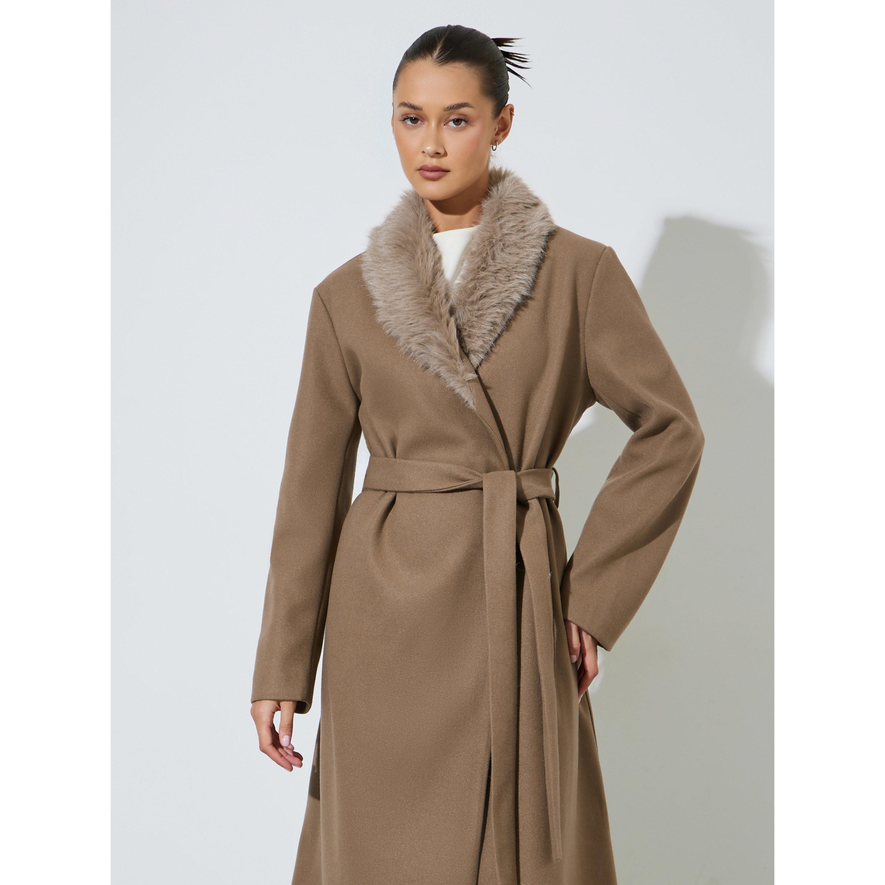 Styli Brown Wool Like Belted Coat with Faux Fur-women-winterwear-coatsandjackets-coats-image-2