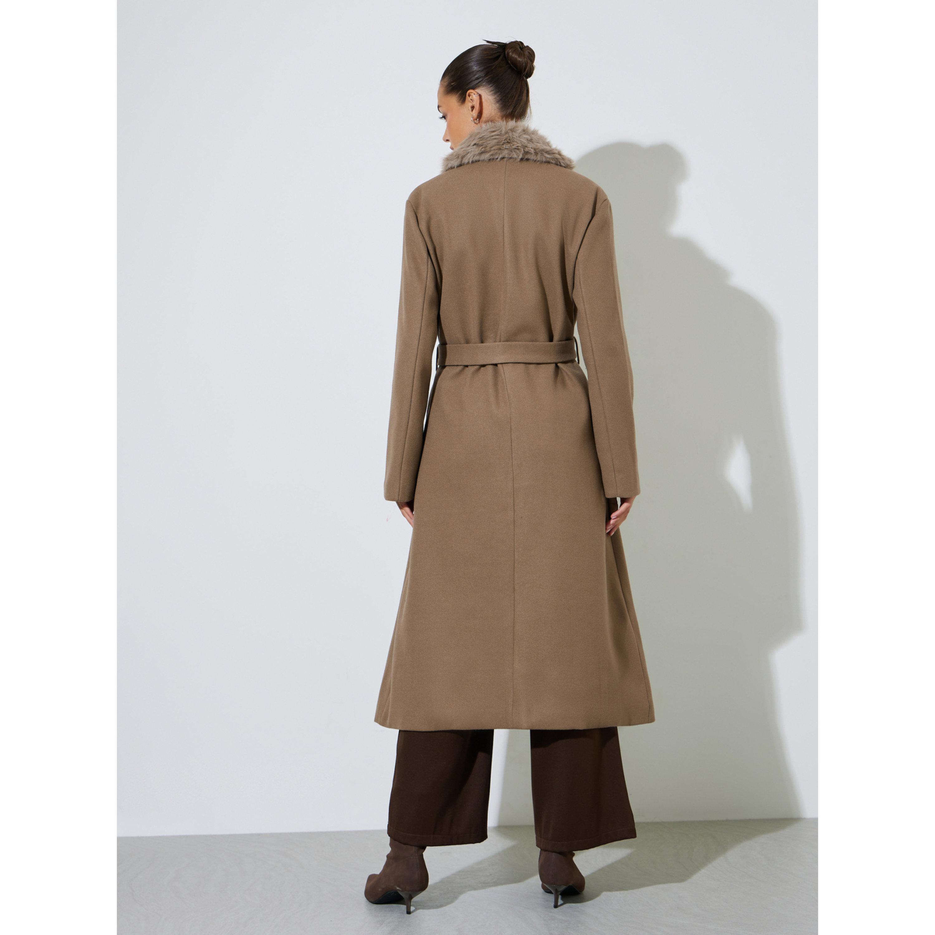 Styli Brown Wool Like Belted Coat with Faux Fur-women-winterwear-coatsandjackets-coats-image-3