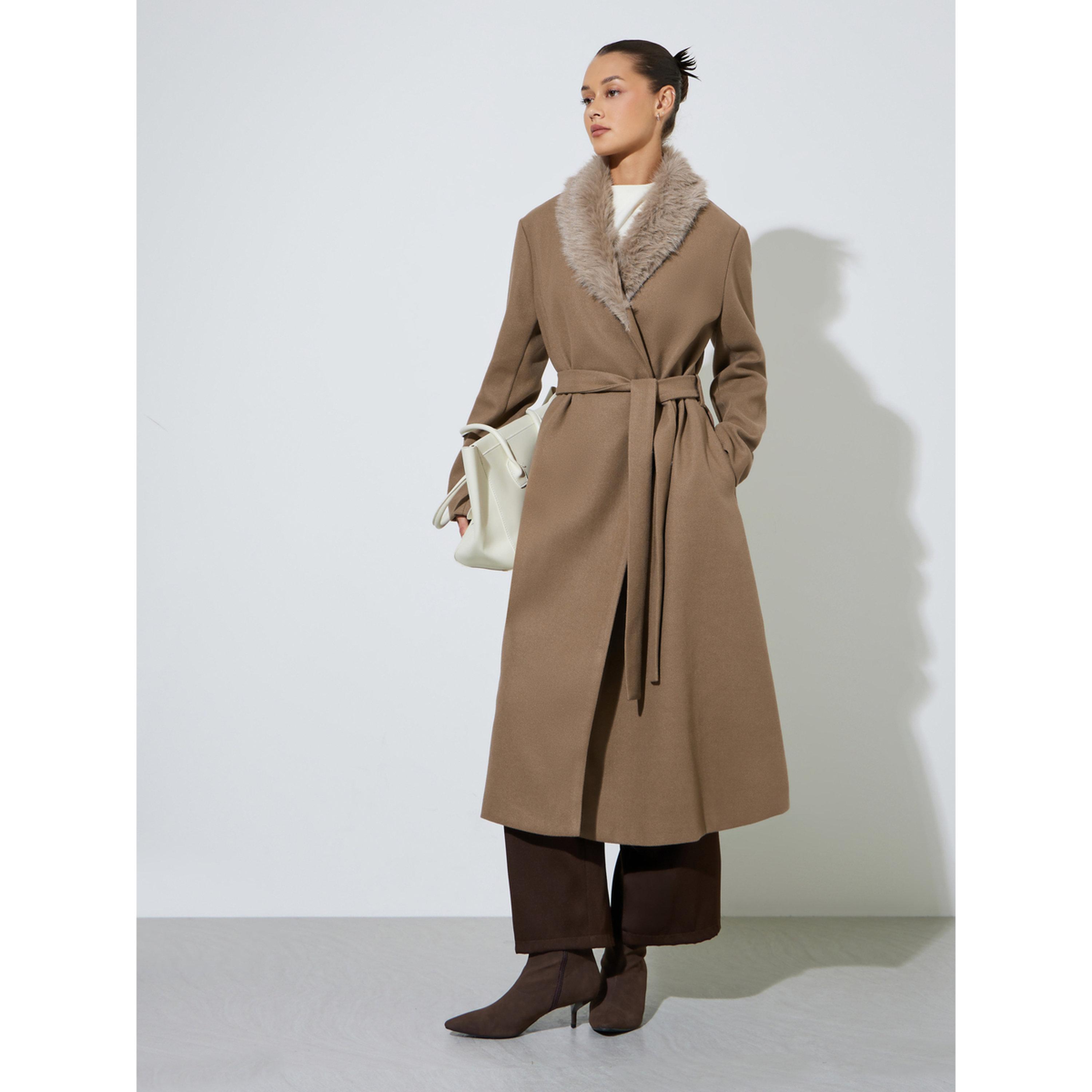 Styli Brown Wool Like Belted Coat with Faux Fur-women-winterwear-coatsandjackets-coats-image-4