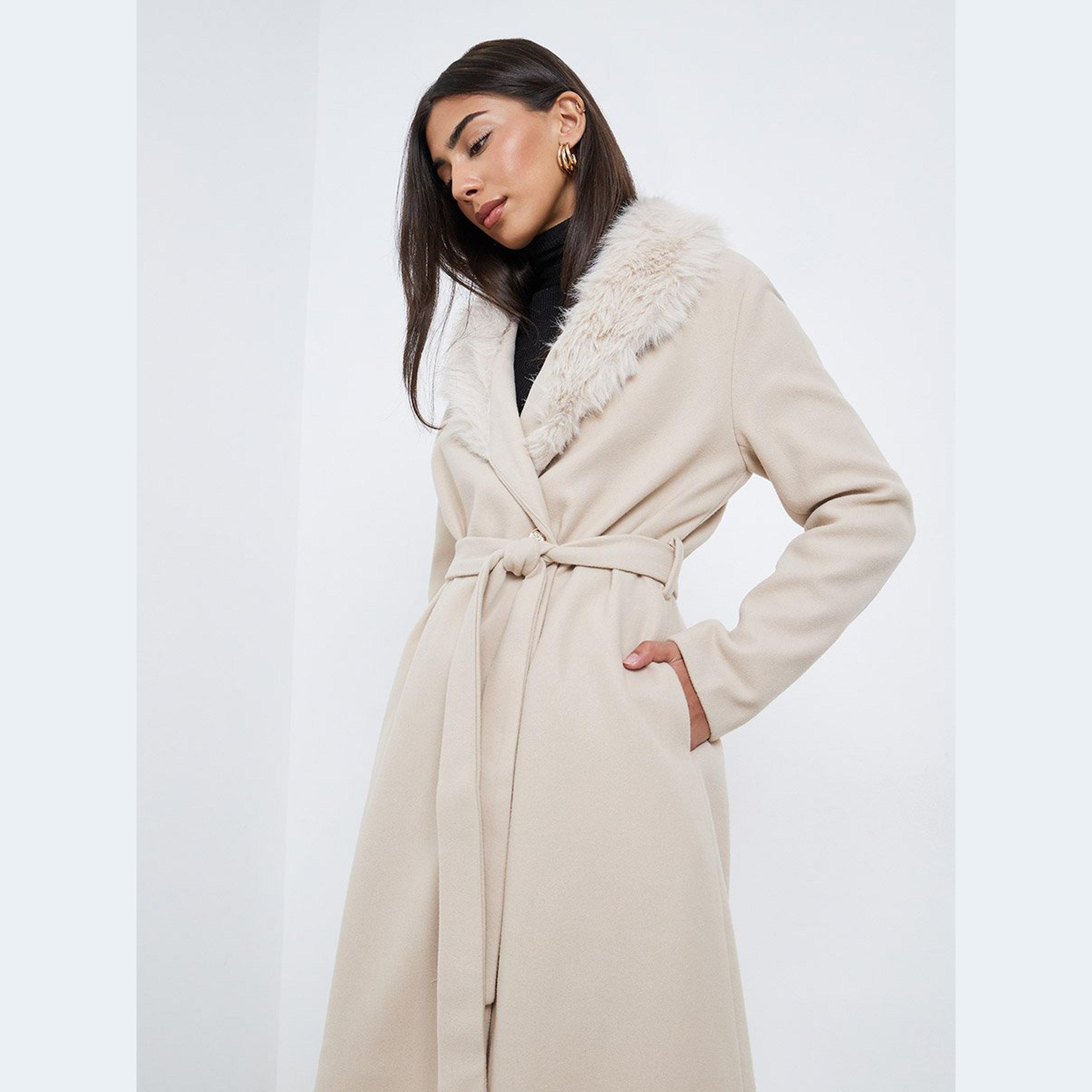 ستايلي - معطف بحزام يشبه الصوف الكريمي مع فرو صناعي-women-winterwear-coatsandjackets-coats-image-2
