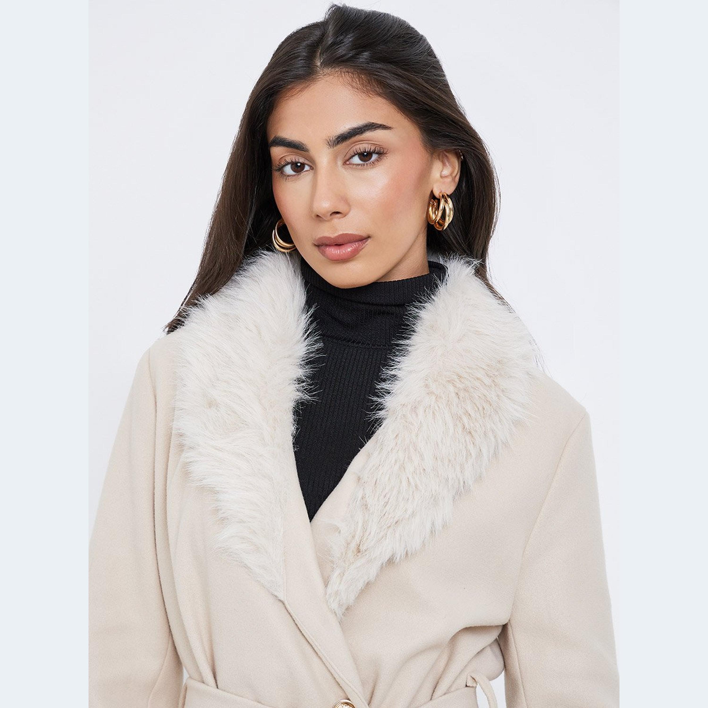 ستايلي - معطف بحزام يشبه الصوف الكريمي مع فرو صناعي-women-winterwear-coatsandjackets-coats-image-3