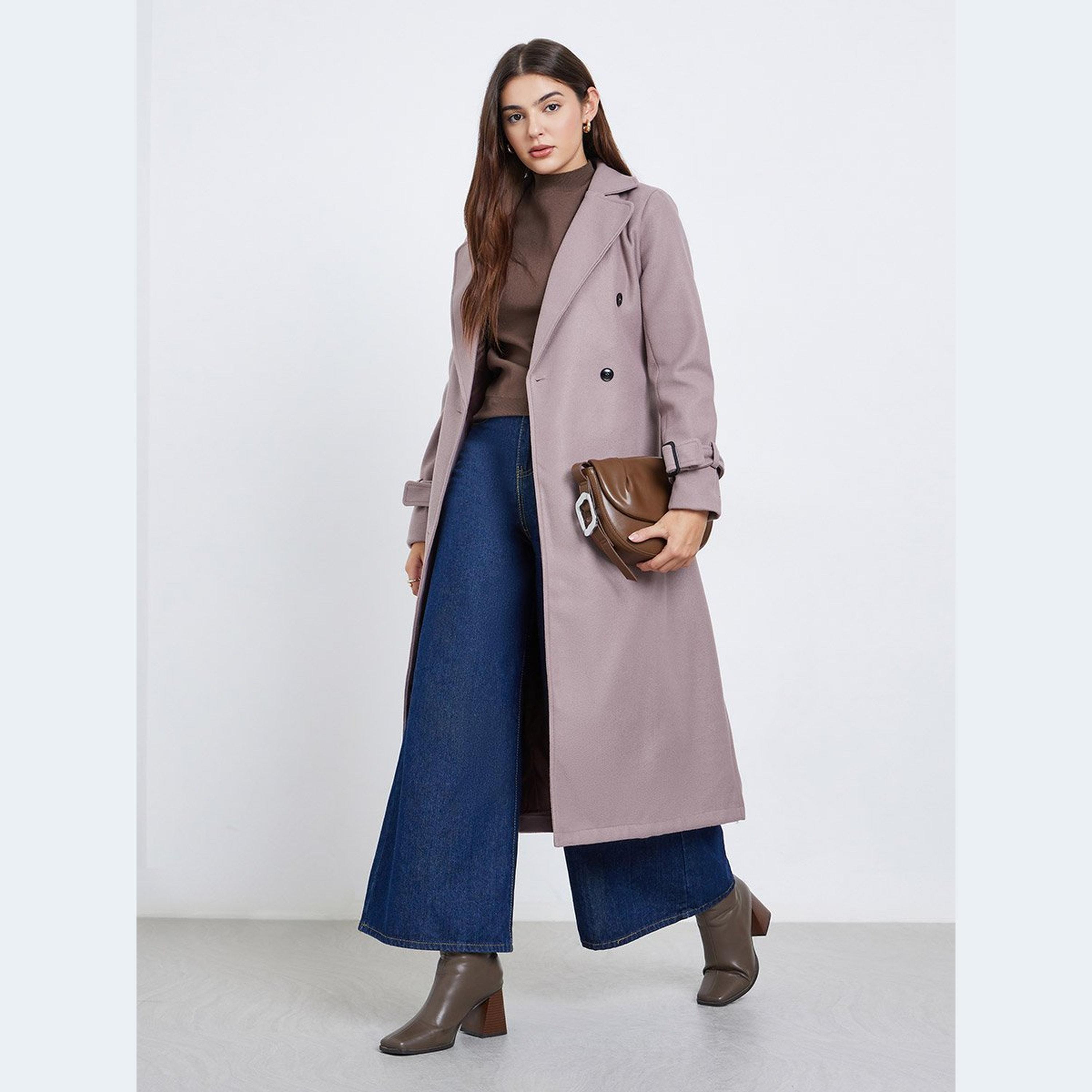 Styli Brown Regular Fit Wool Like Belted Coat-women-clothing-coatsandjackets-coats-image-1