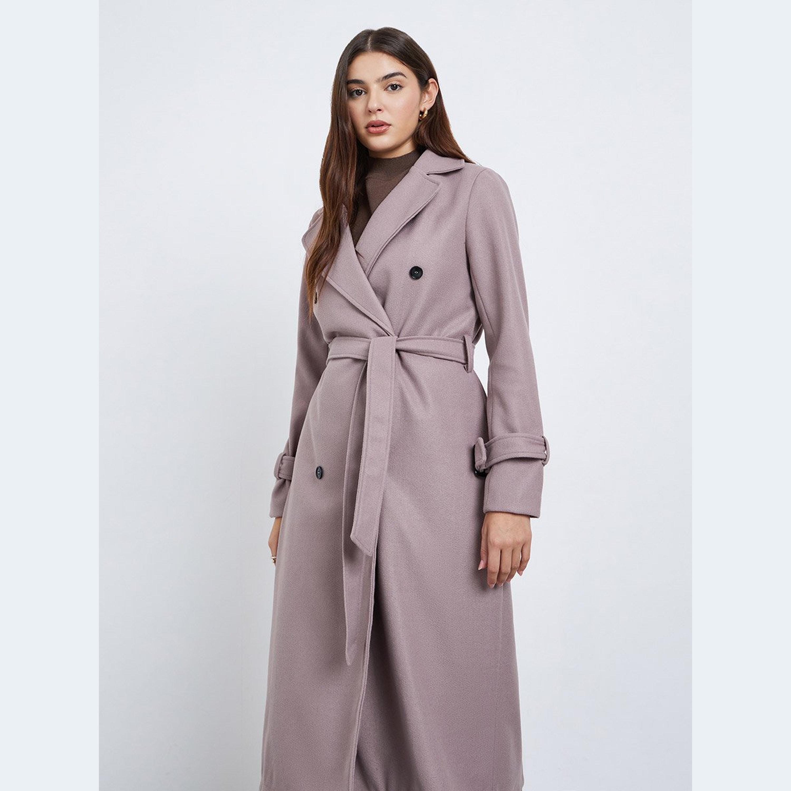 Styli Brown Regular Fit Wool Like Belted Coat-women-clothing-coatsandjackets-coats-image-2