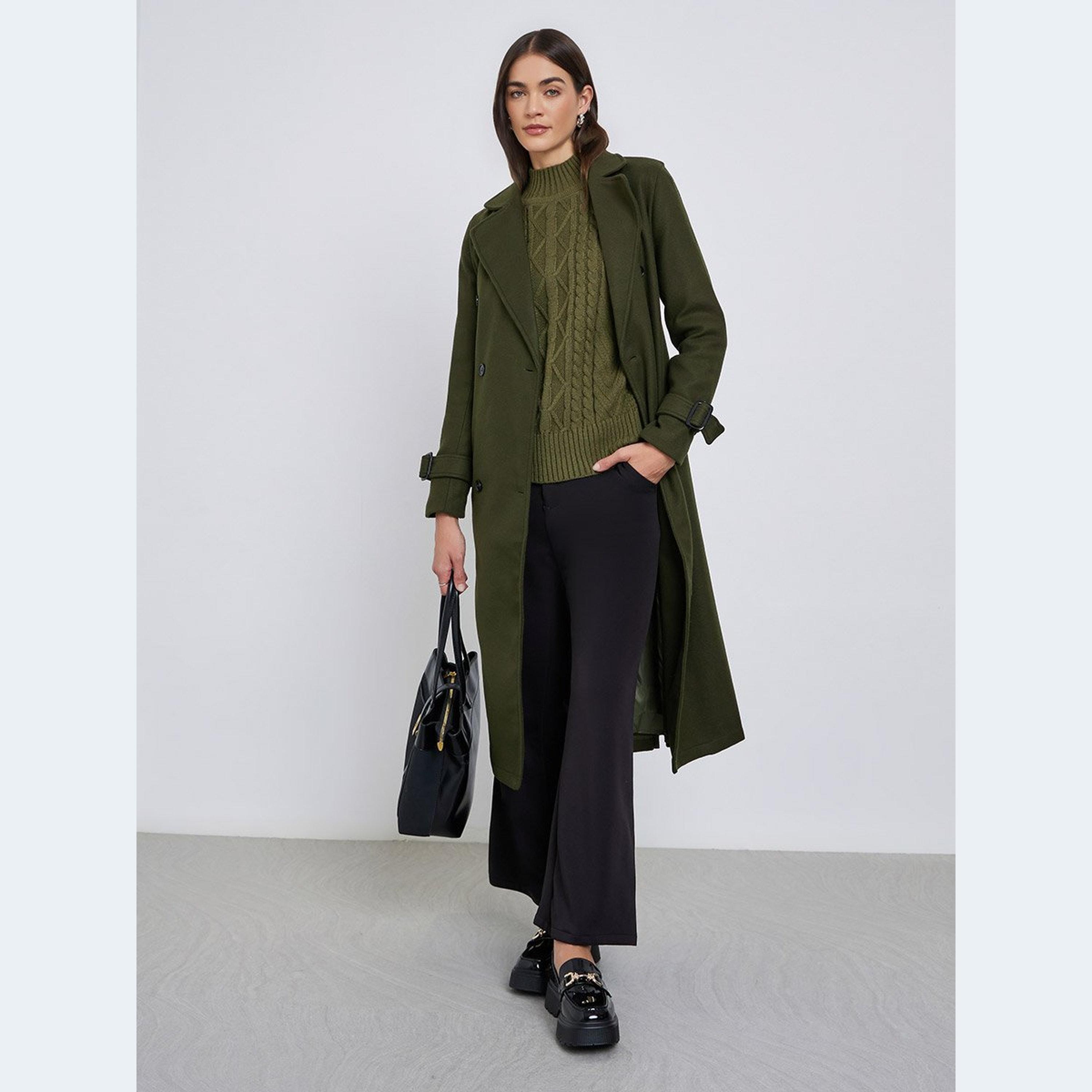 ستايلي - معطف زيتوني قصة عادية يشبه الصوف مع حزام-women-clothing-coatsandjackets-coats-image-1