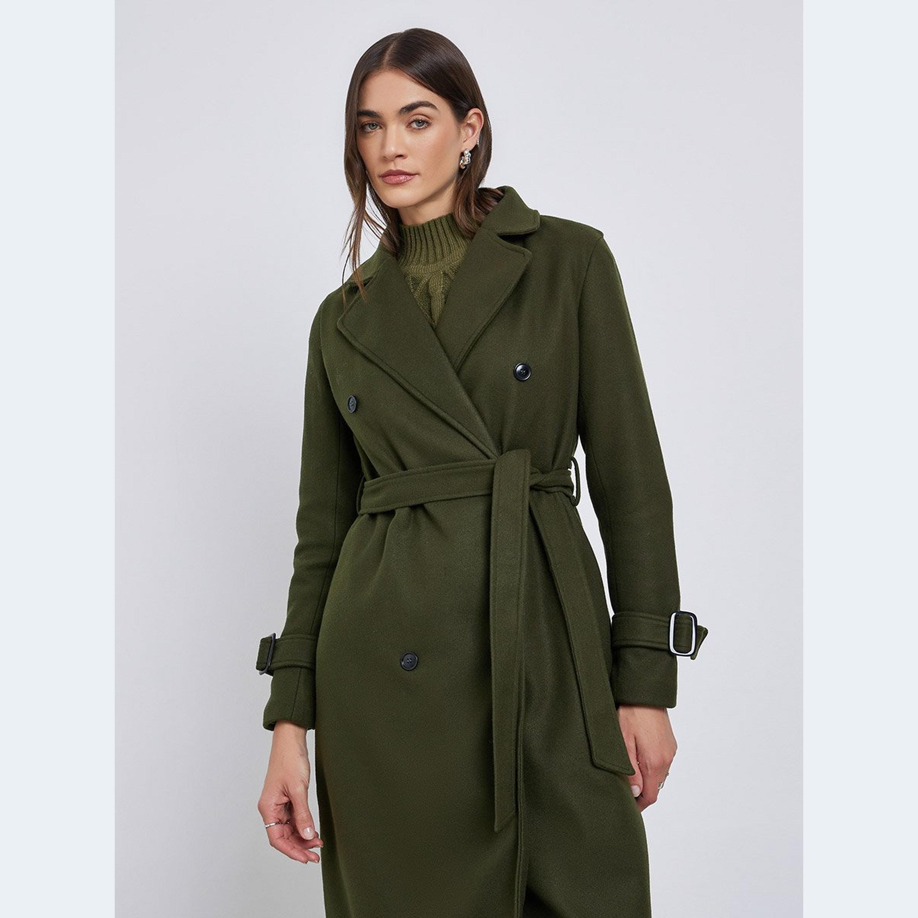 ستايلي - معطف زيتوني قصة عادية يشبه الصوف مع حزام-women-clothing-coatsandjackets-coats-image-2
