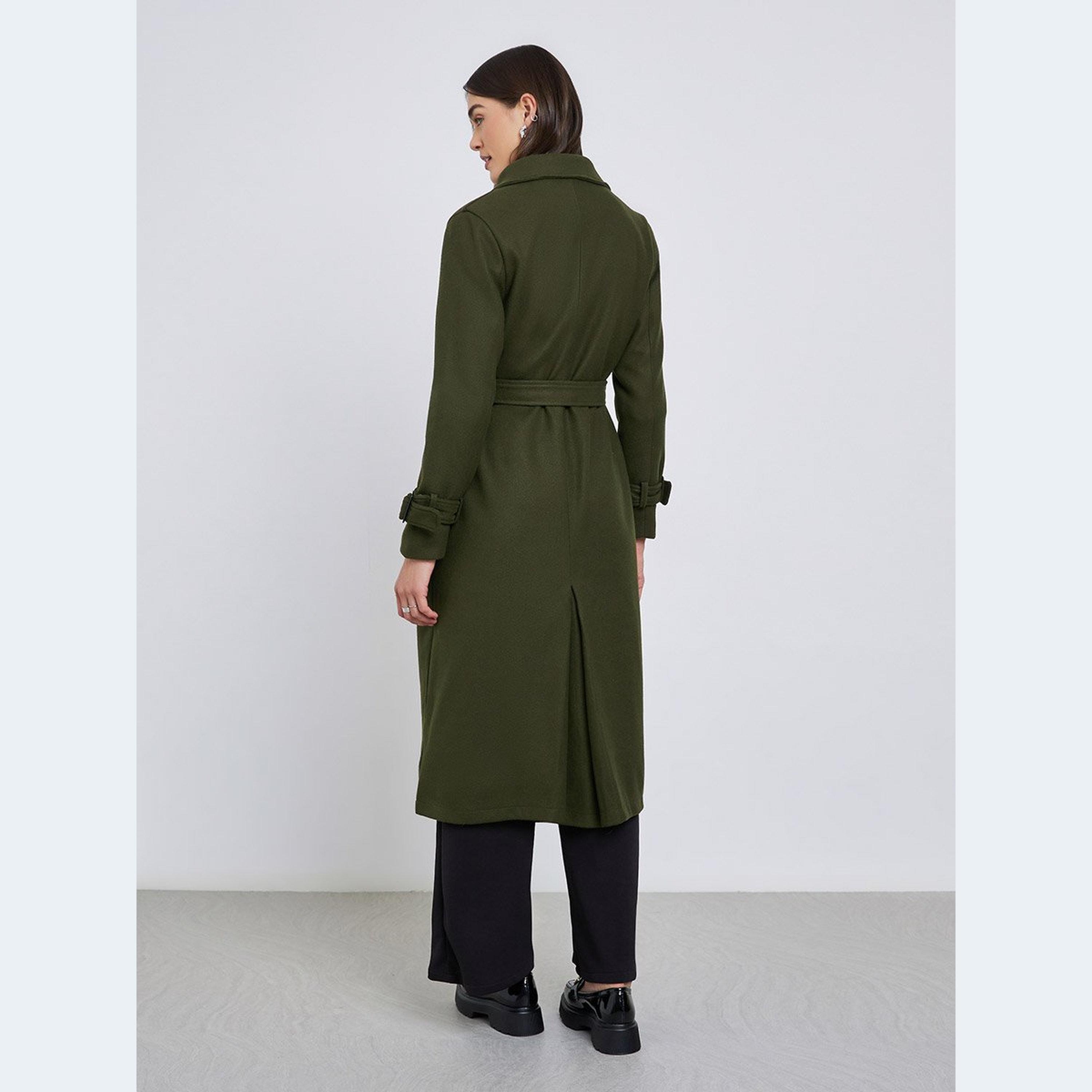 ستايلي - معطف زيتوني قصة عادية يشبه الصوف مع حزام-women-clothing-coatsandjackets-coats-image-4