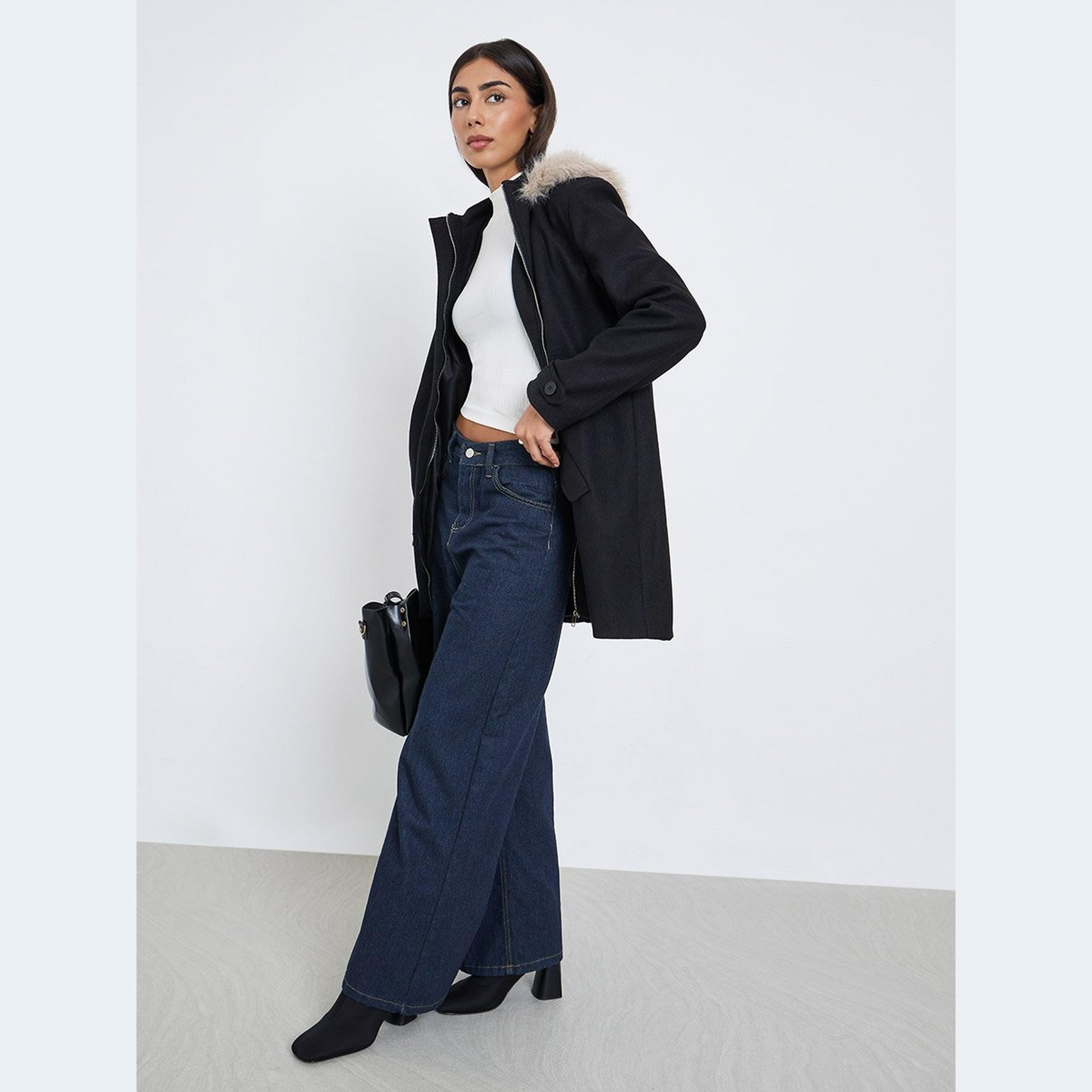 Styli Black Longline Wool Like Coat with Faux Fur Trim-women-winterwear-coatsandjackets-coats-image-1
