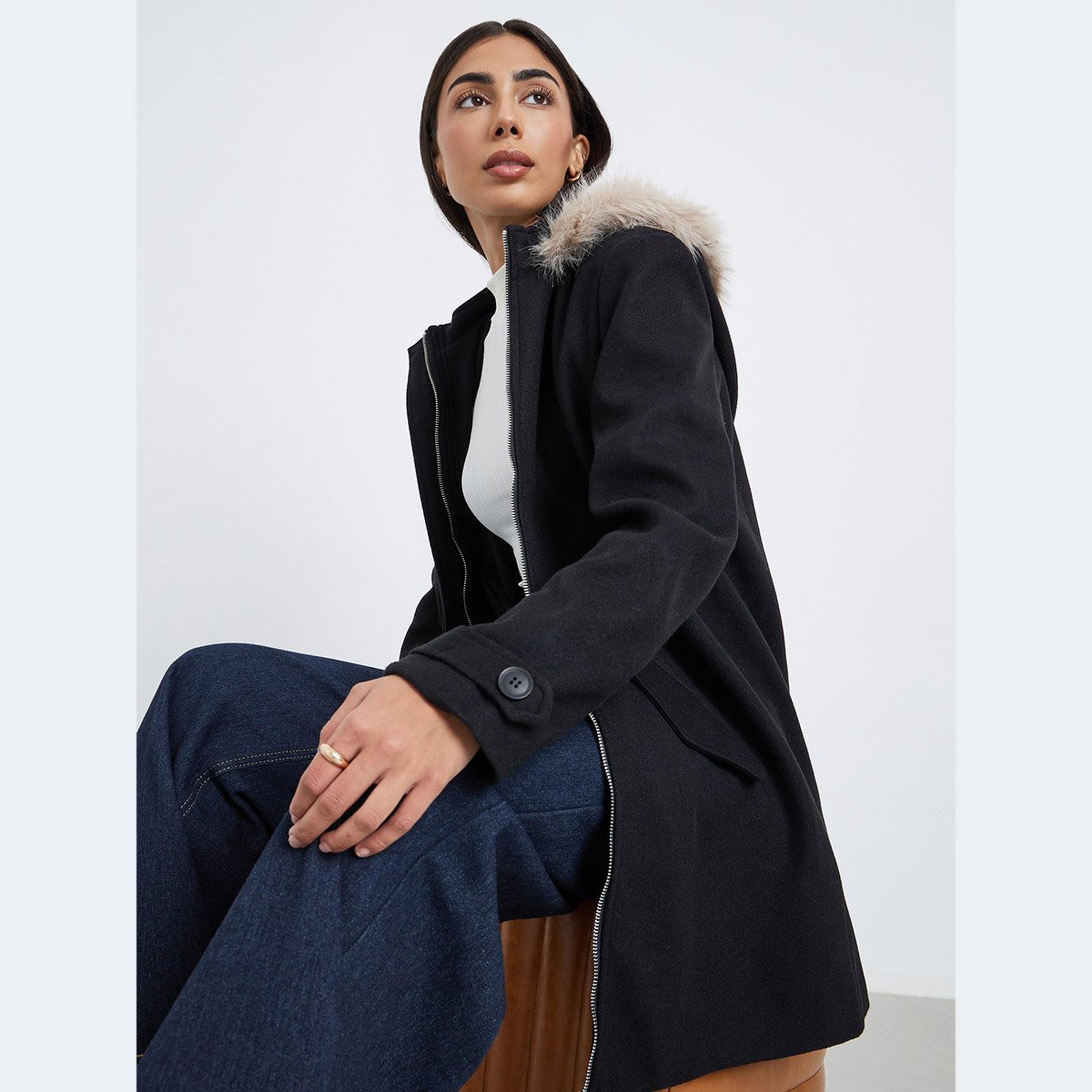 Styli Black Longline Wool Like Coat with Faux Fur Trim-women-winterwear-coatsandjackets-coats-image-2