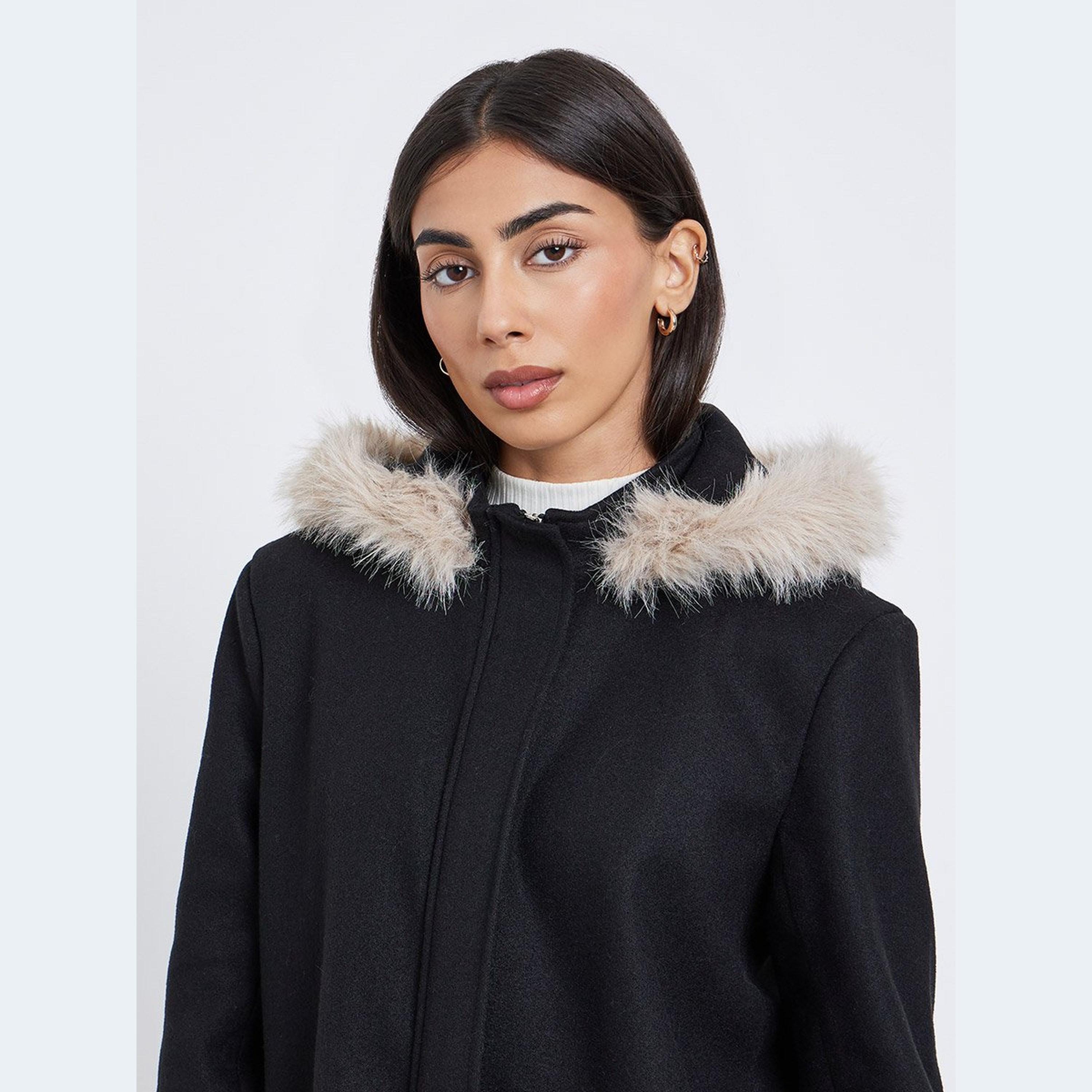 Styli Black Longline Wool Like Coat with Faux Fur Trim-women-winterwear-coatsandjackets-coats-image-3