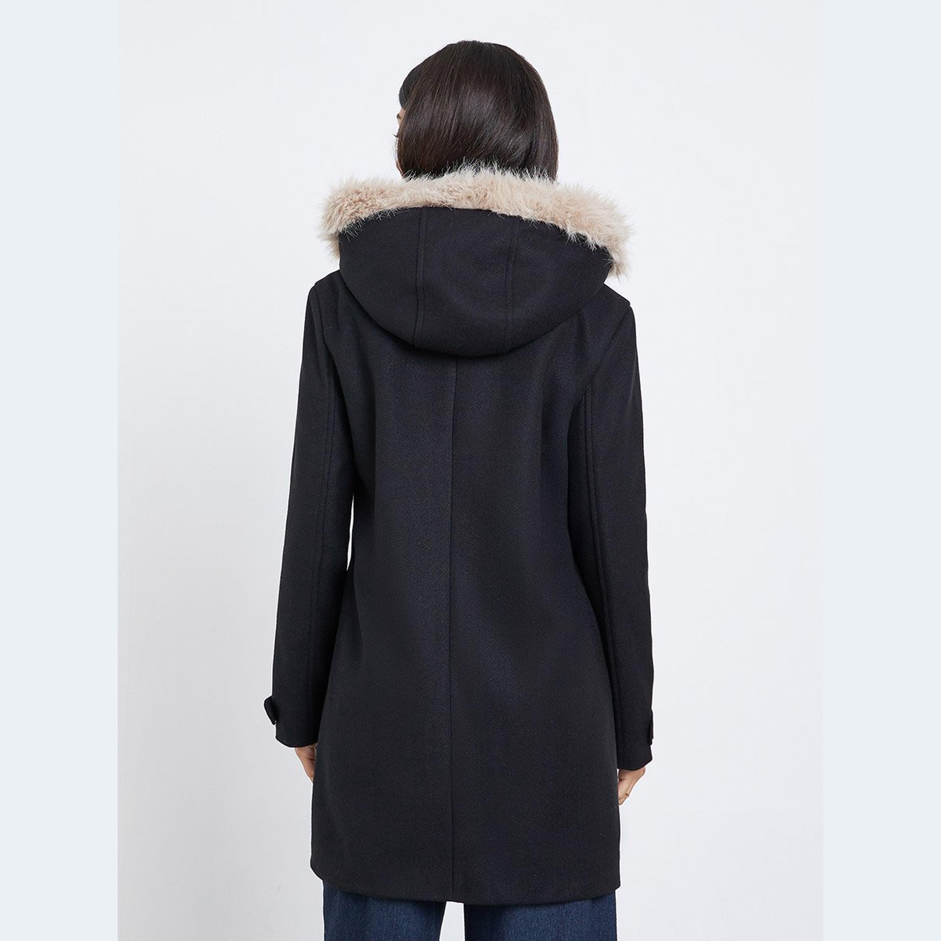 Styli Black Longline Wool Like Coat with Faux Fur Trim-women-winterwear-coatsandjackets-coats-image-4