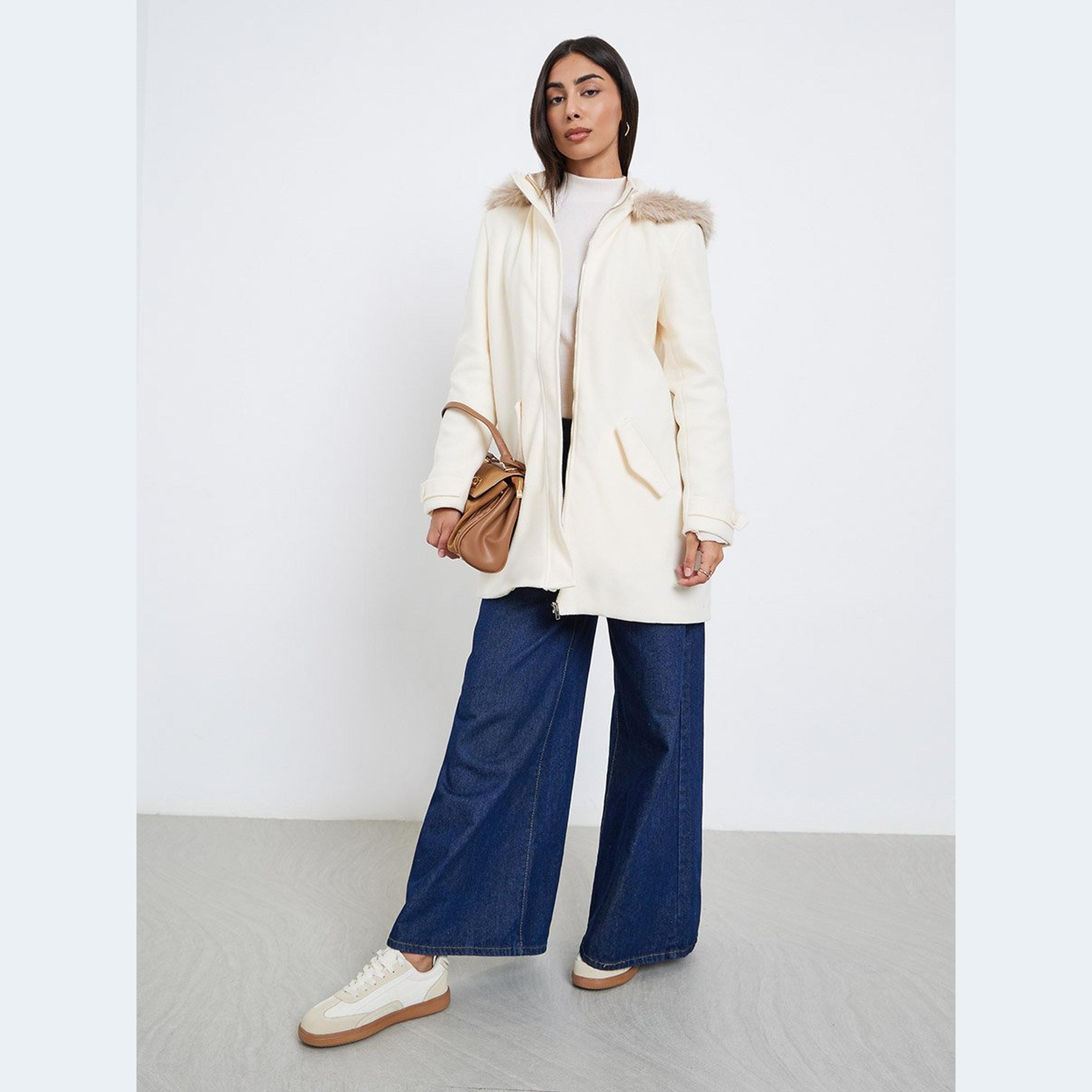 Styli Off White Longline Wool Like Coat with Faux Fur Trim-women-winterwear-coatsandjackets-coats-image-1