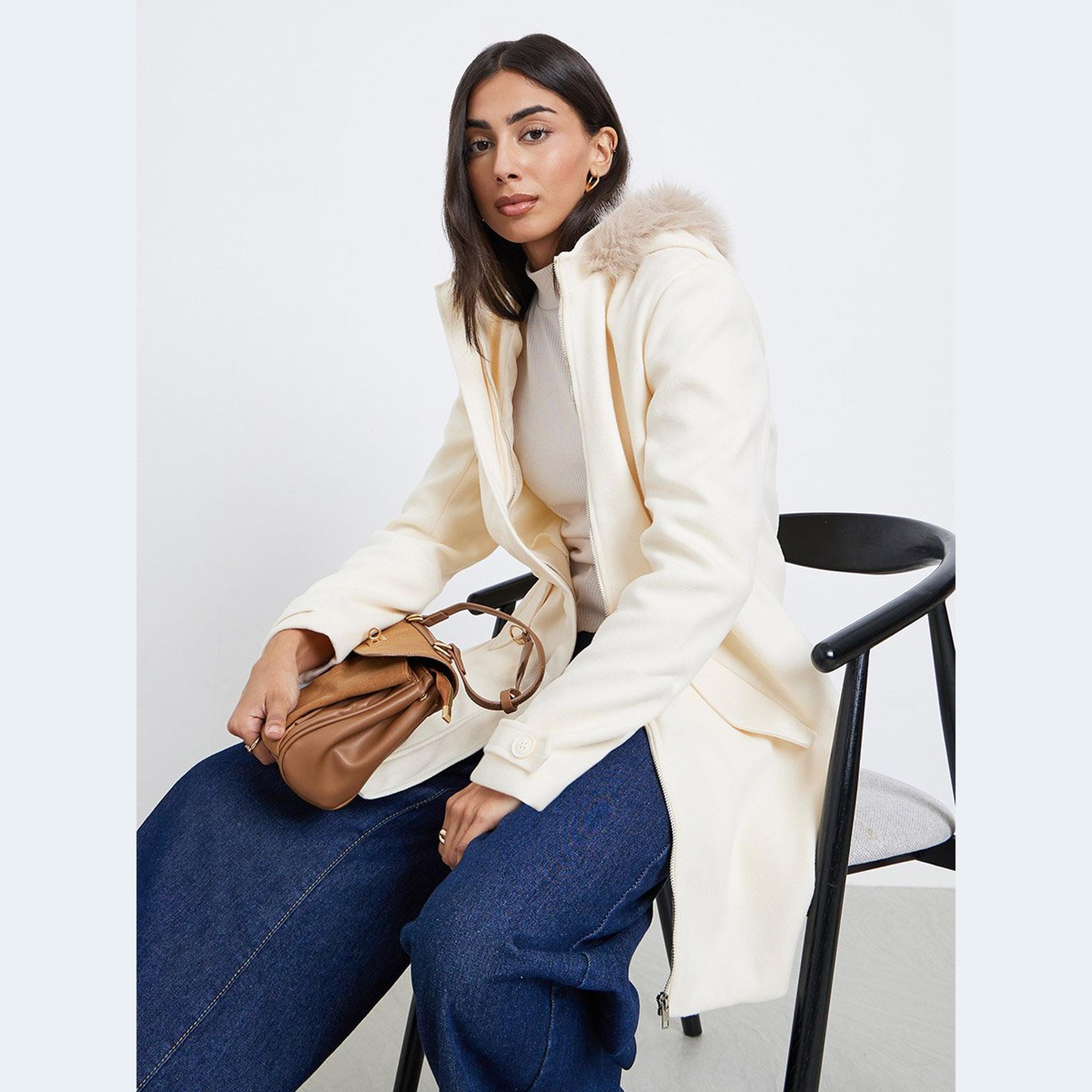 Styli Off White Longline Wool Like Coat with Faux Fur Trim-women-winterwear-coatsandjackets-coats-image-2