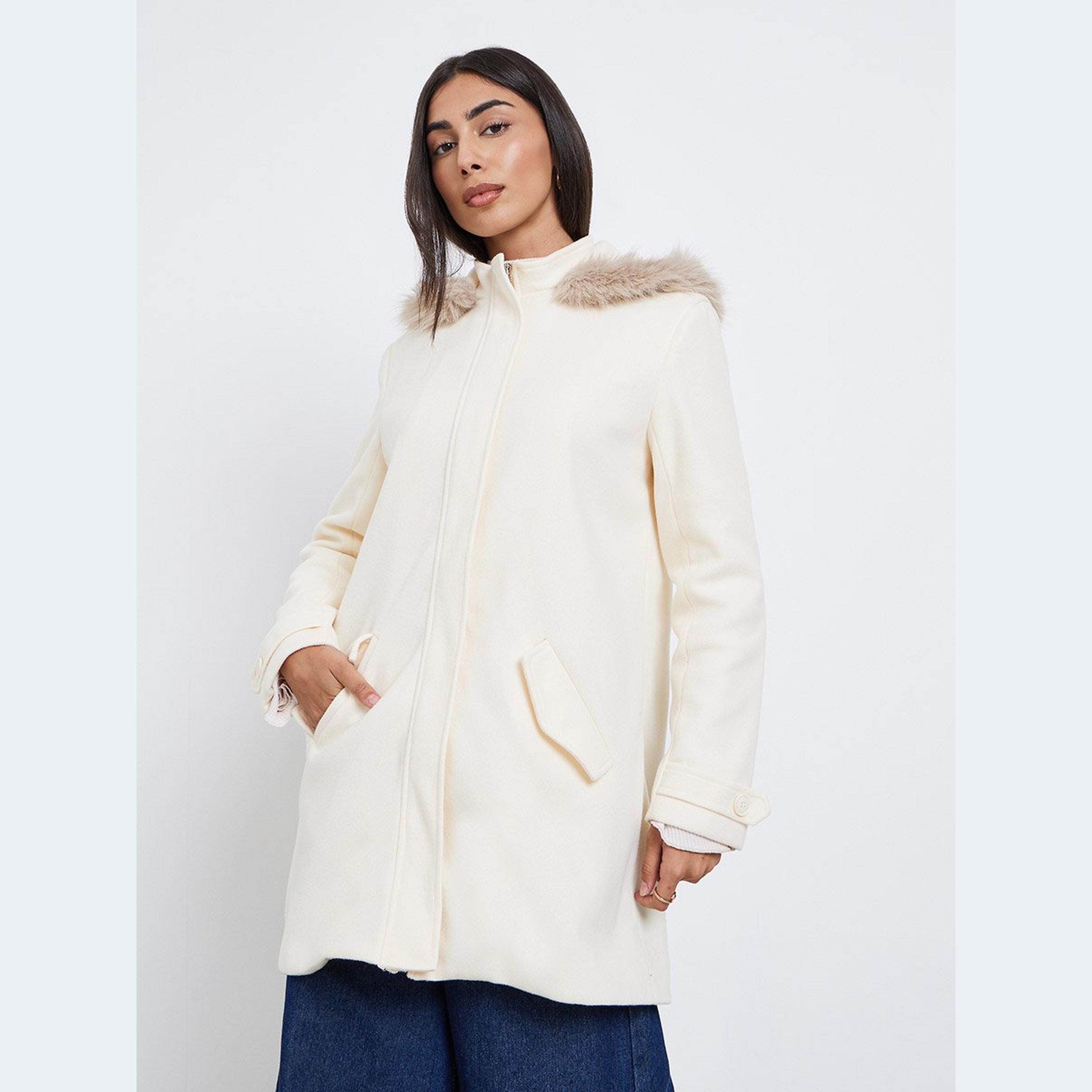 Styli Off White Longline Wool Like Coat with Faux Fur Trim-women-winterwear-coatsandjackets-coats-image-3
