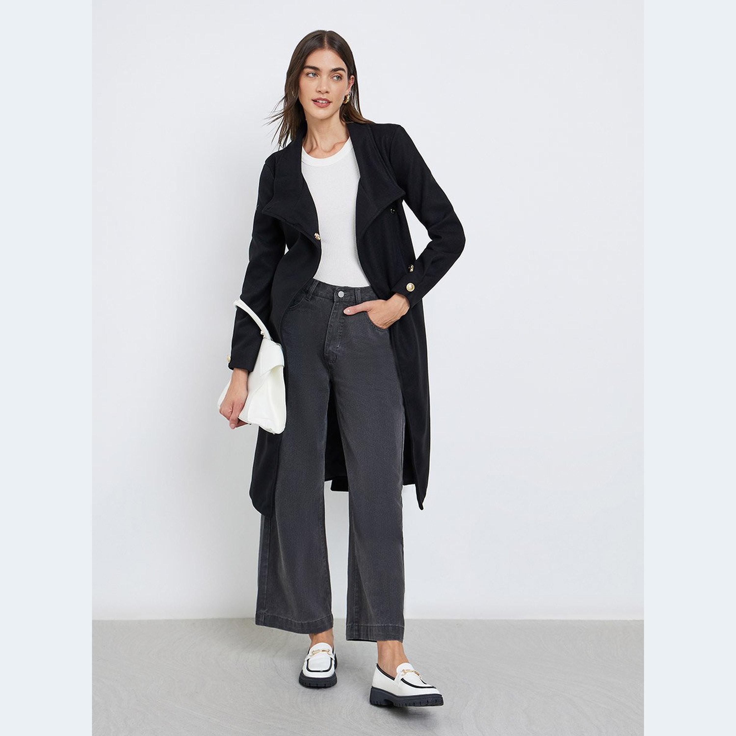 Styli Black Knee-Length Belted Coat-women-clothing-coatsandjackets-coats-image-1