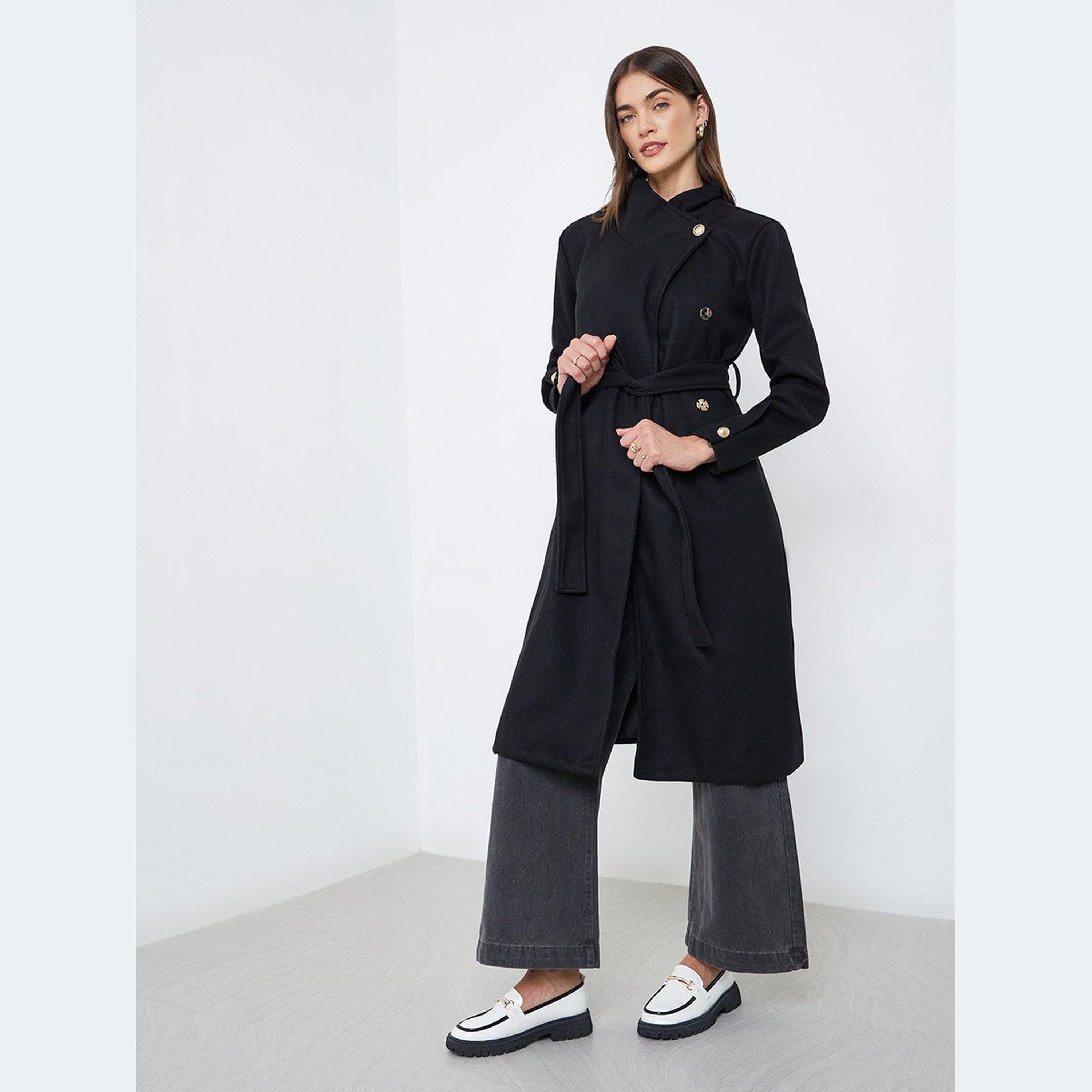 ستايلي - معطف أسود بطول الركبة مع حزام-women-clothing-coatsandjackets-coats-image-2