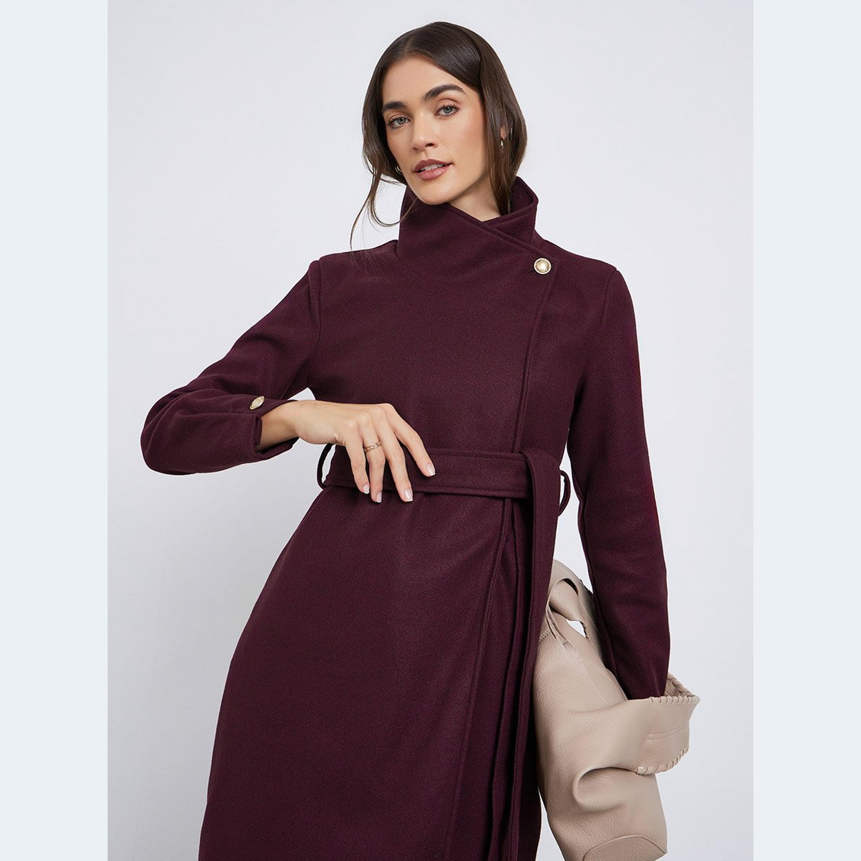 ستايلي - معطف لون عنابي بطول الركبة بأزرار-women-clothing-coatsandjackets-coats-image-2