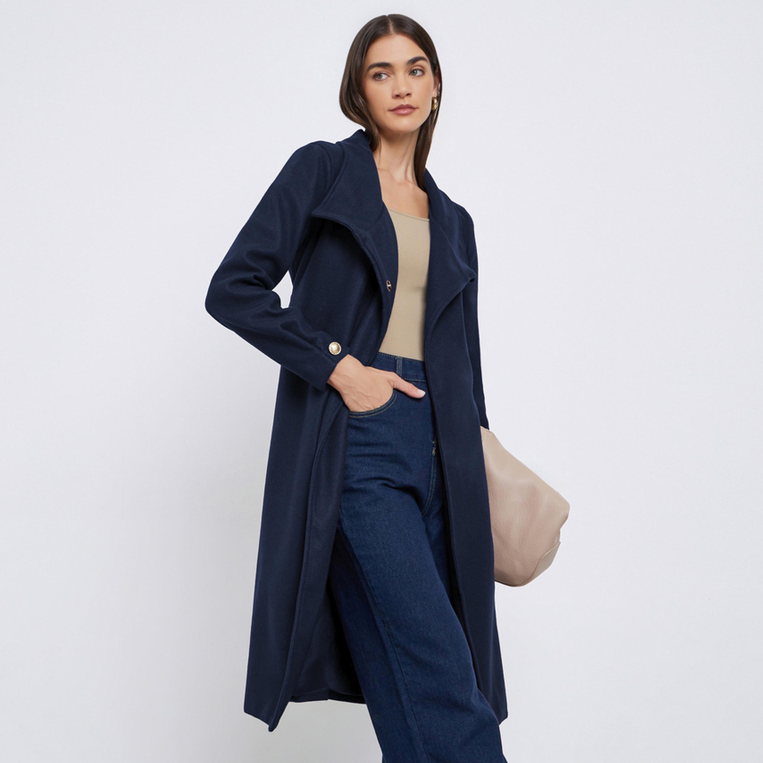 Styli Navy Blue Knee-Length Wool-Like Belted Coat-women-winterwear-coatsandjackets-coats-image-1