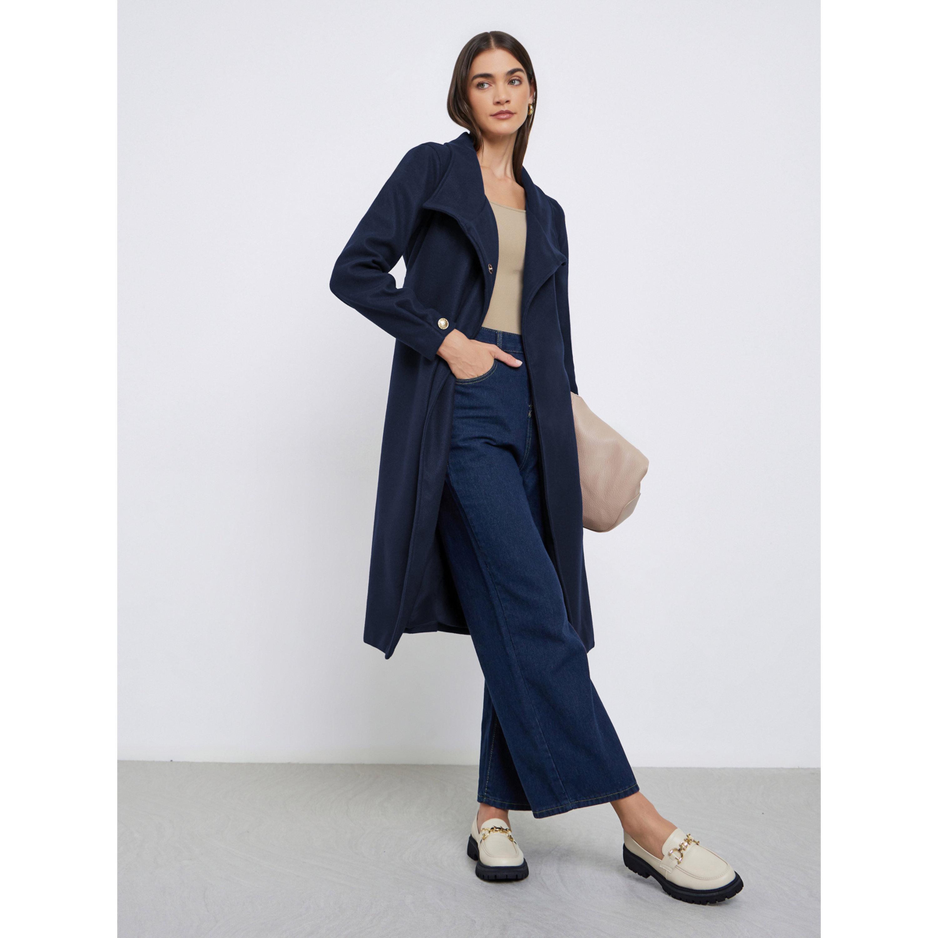Styli Navy Blue Knee-Length Wool-Like Belted Coat-women-winterwear-coatsandjackets-coats-image-2