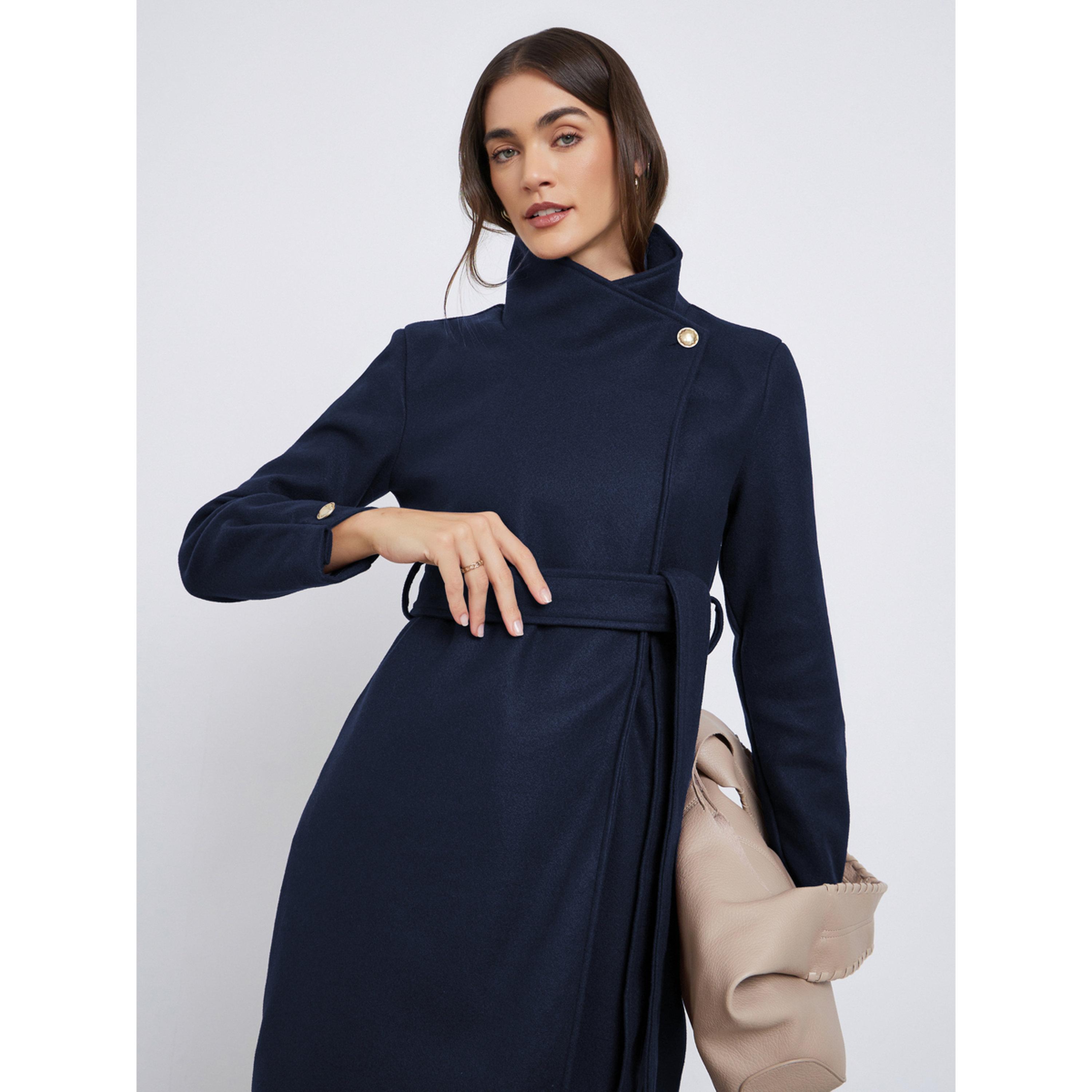 Styli Navy Blue Knee-Length Wool-Like Belted Coat-women-winterwear-coatsandjackets-coats-image-3