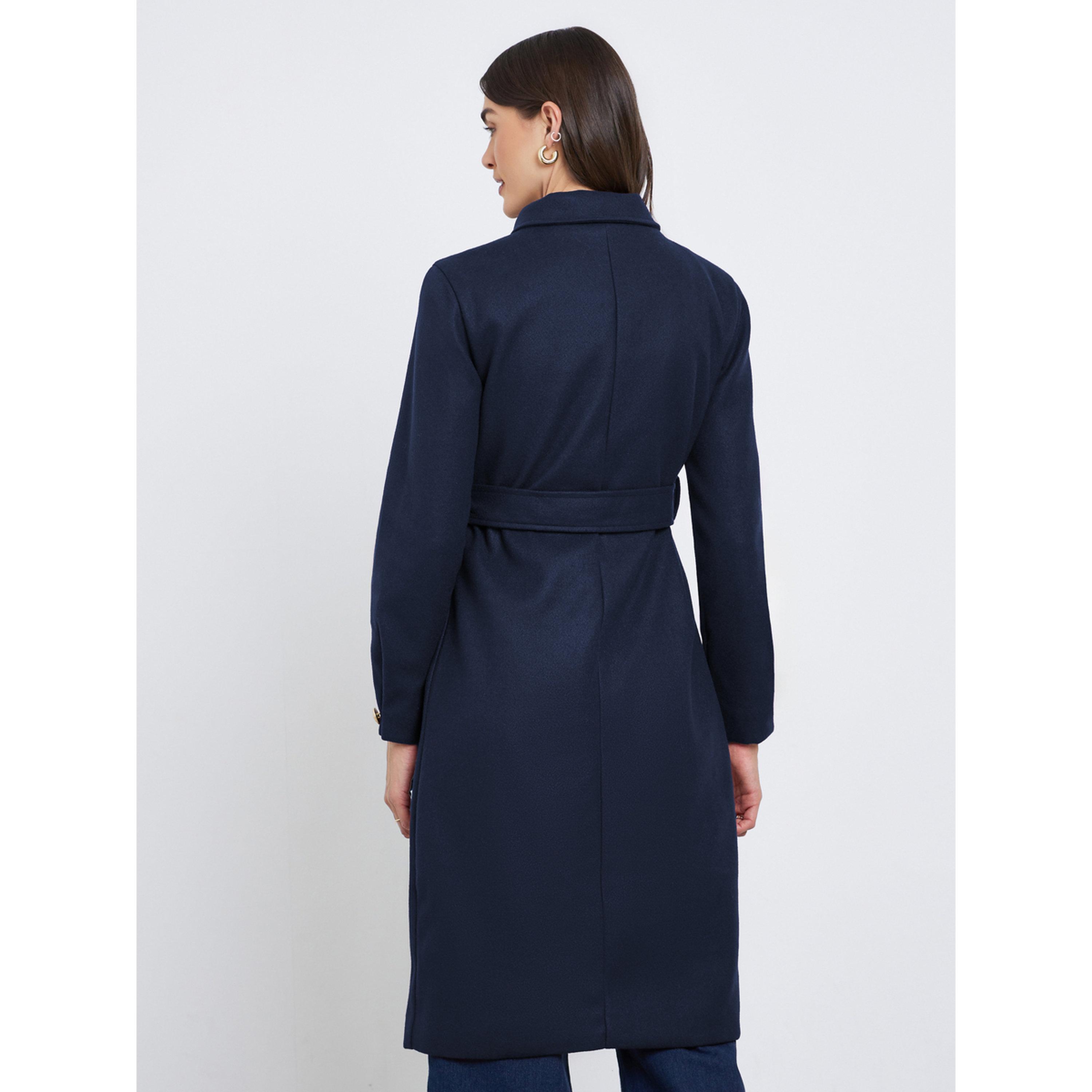 Styli Navy Blue Knee-Length Wool-Like Belted Coat-women-winterwear-coatsandjackets-coats-image-4
