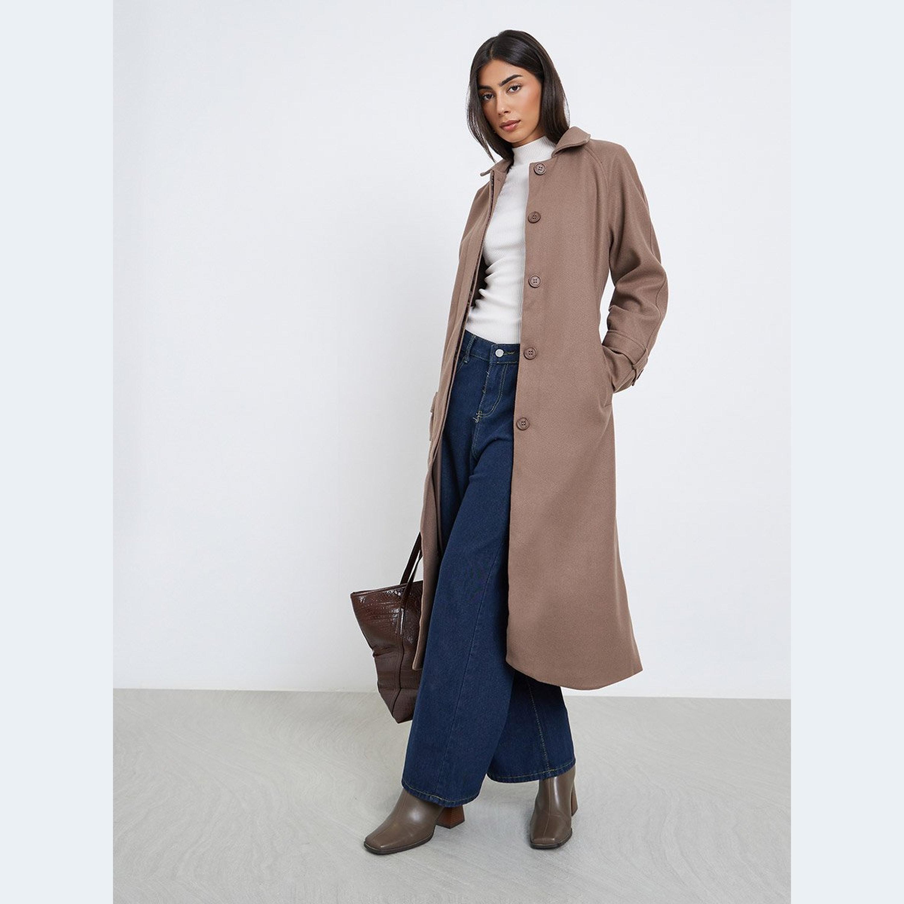 Styli Brown Wool Look Belted Midi Coat-women-clothing-coatsandjackets-coats-image-1