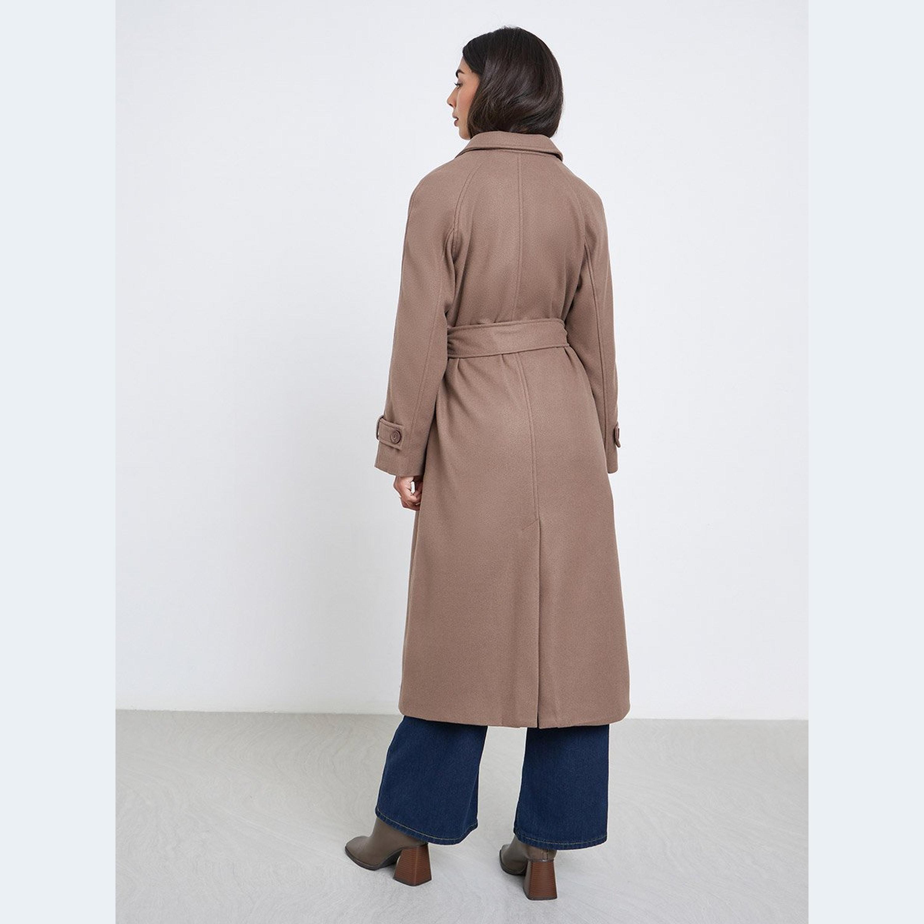 ستايلي - معطف متوسط ​​الطول بحزام ومظهر صوف بني-women-clothing-coatsandjackets-coats-image-4
