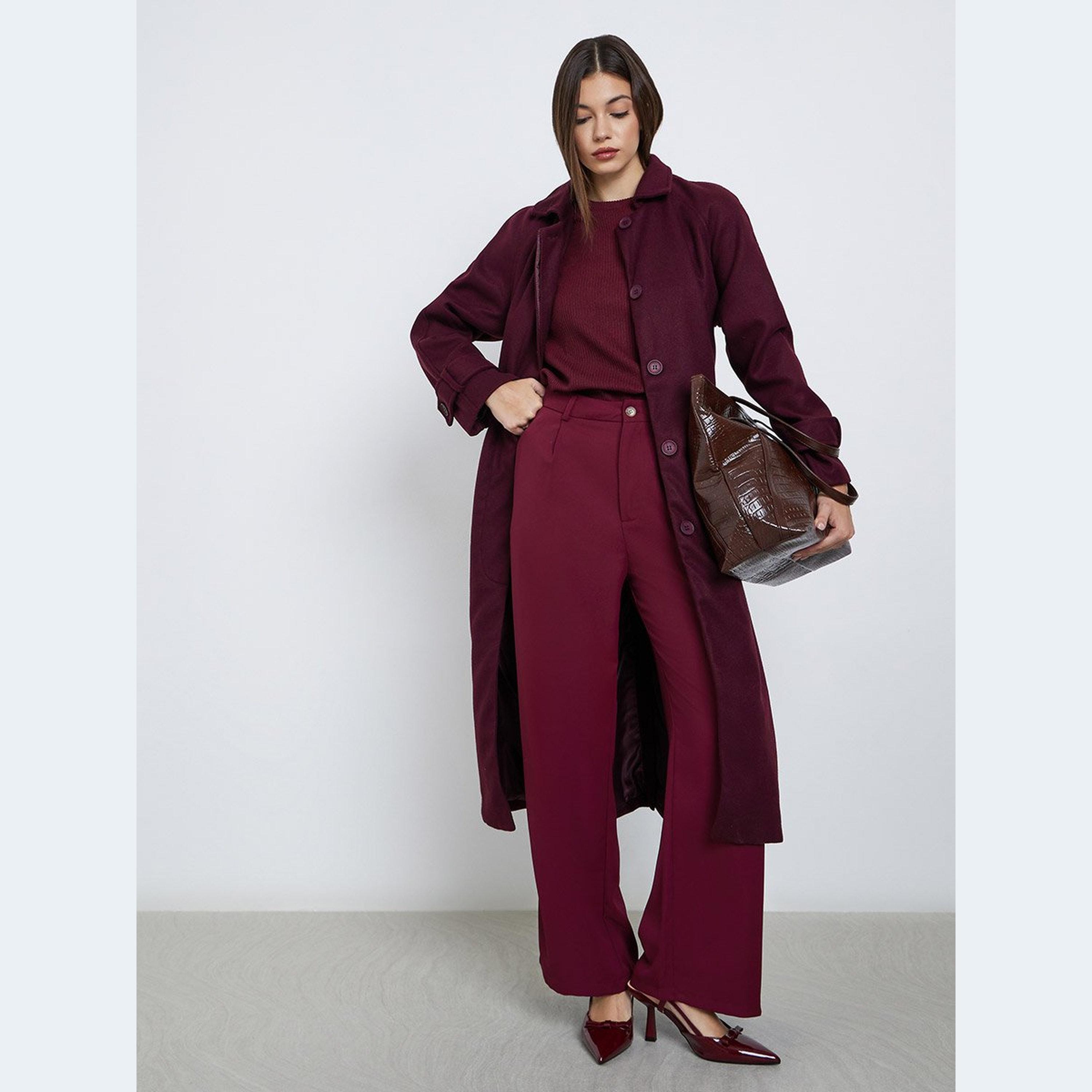 Styli Burgundy Wool Look Belted Midi Coat-women-clothing-coatsandjackets-coats-image-1