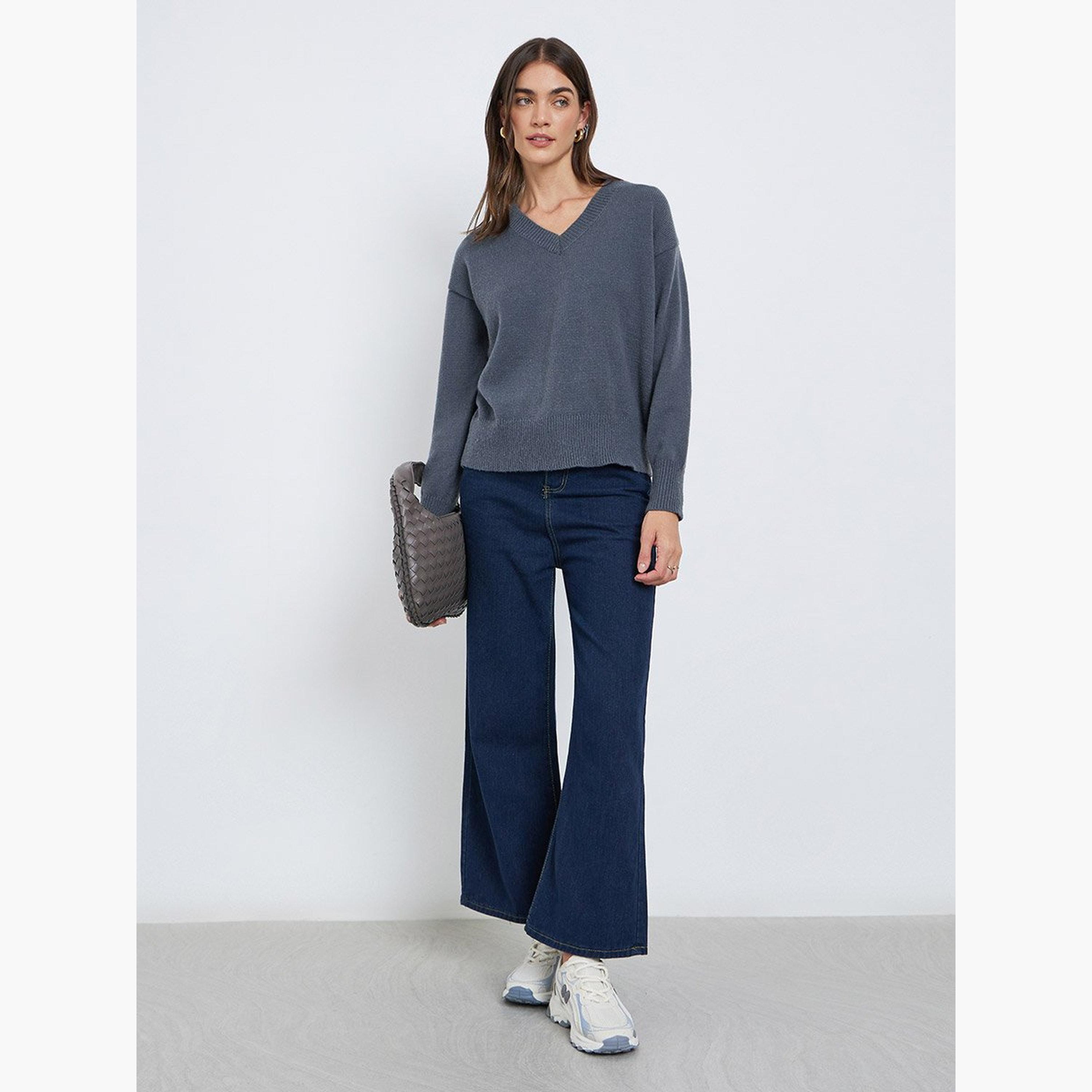 Styli Charcoal V-Neck Relaxed Fit Sweater-women-winterwear-cardigansandjumpers-jumpers-image-1