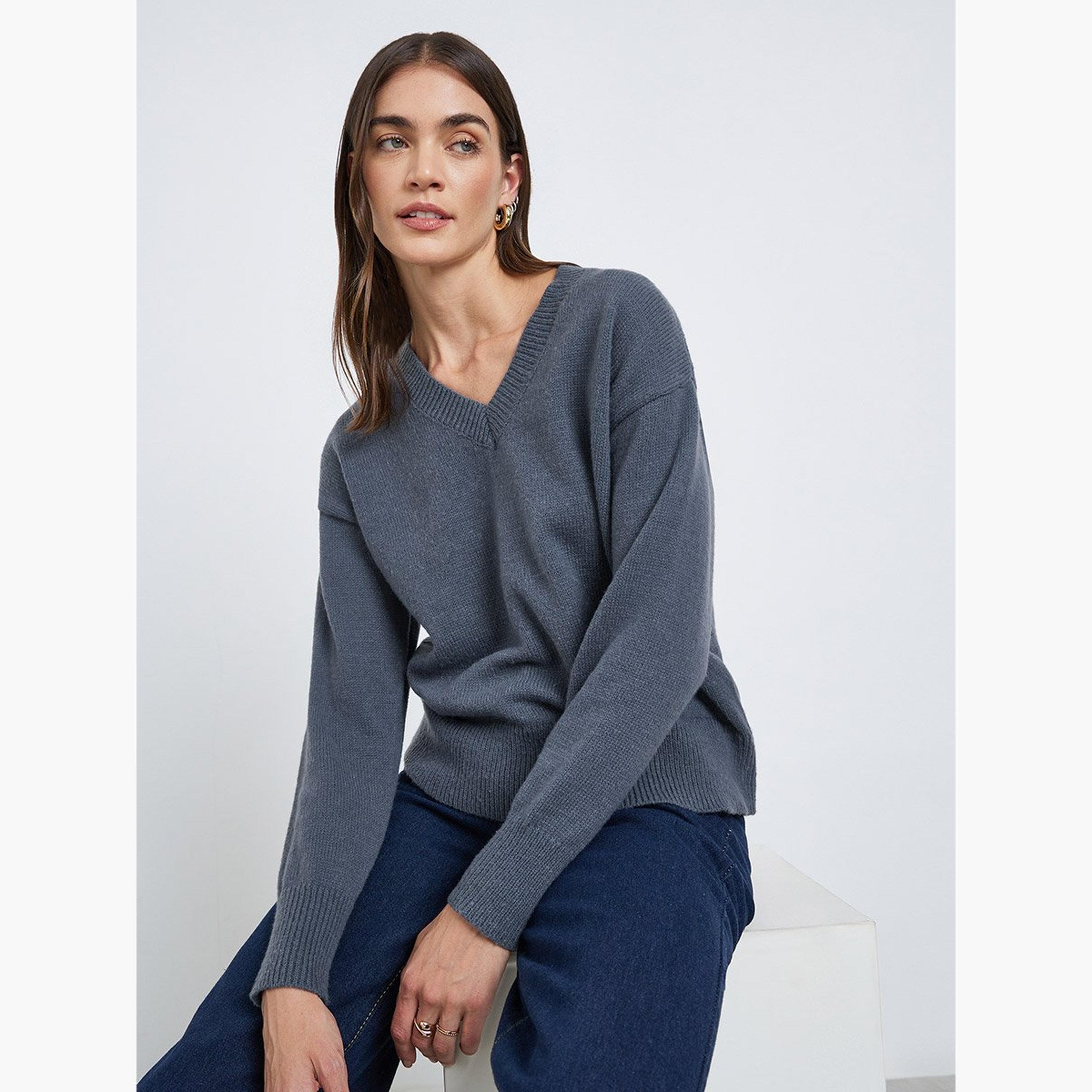 Styli Charcoal V-Neck Relaxed Fit Sweater-women-winterwear-cardigansandjumpers-jumpers-image-3